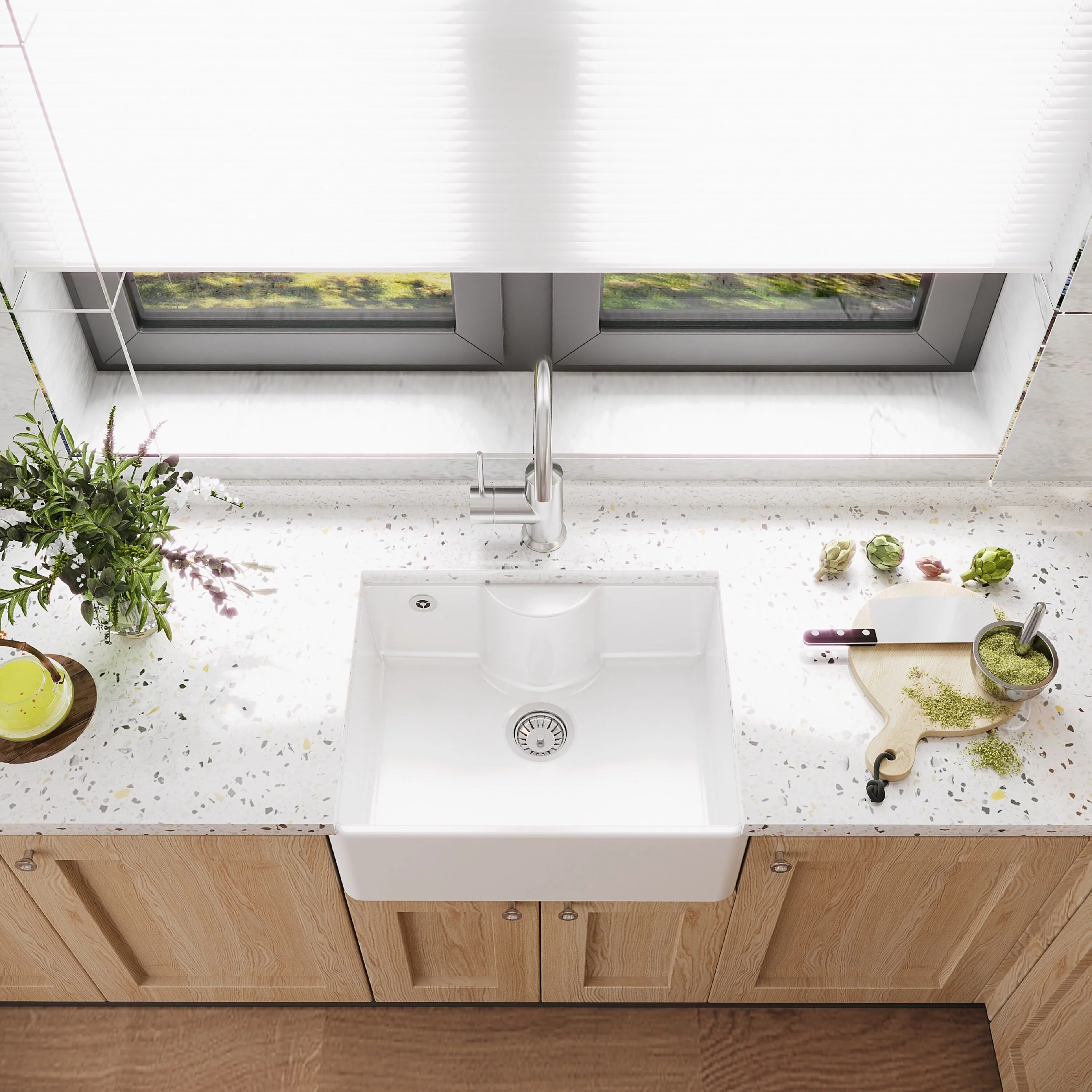 Single Bowl Fireclay Ceramic Butler Kitchen Sink with Ledge , Overflow & Waste - Image 3