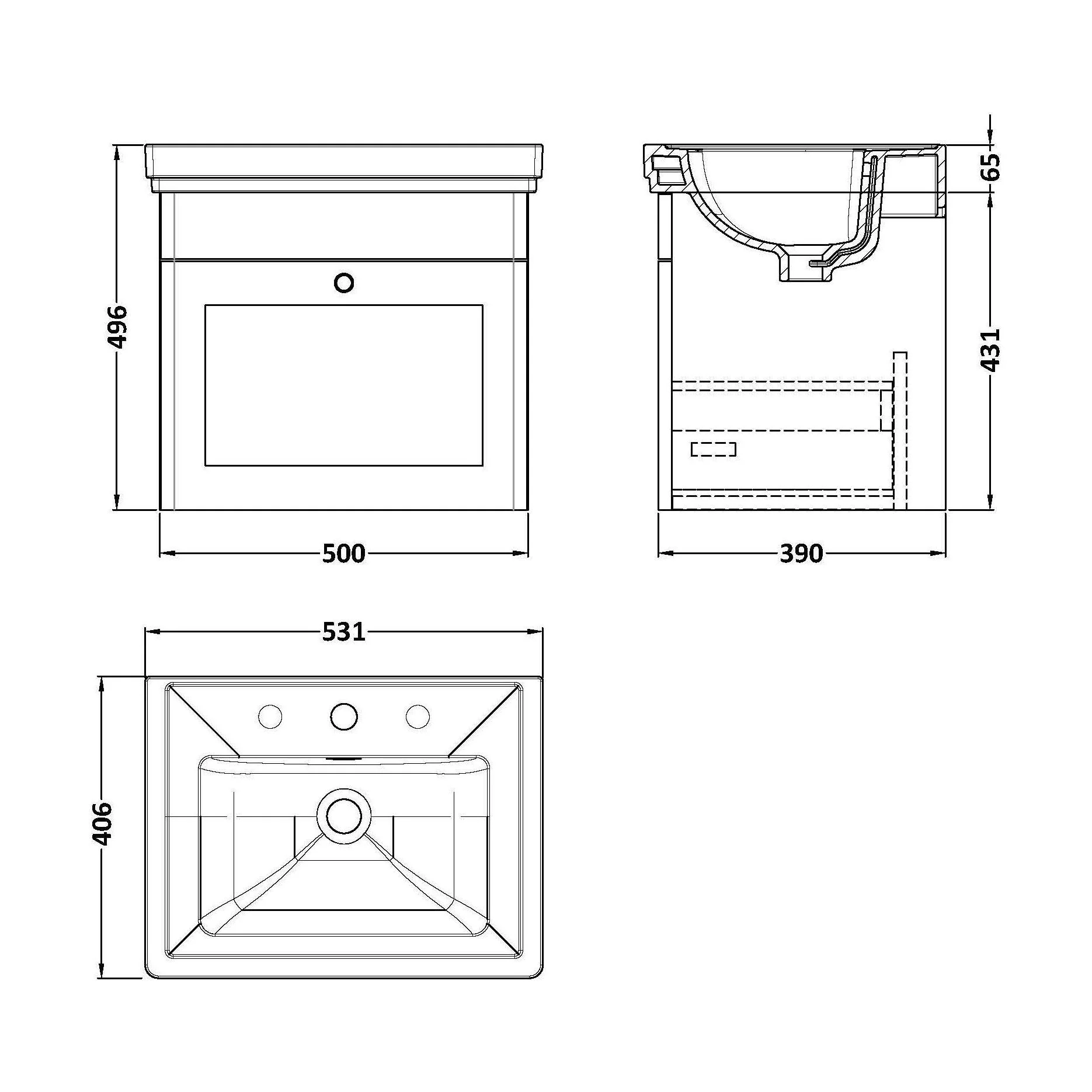 Swynnerton Traditional 1 Drawer Wall Hung Vanity Unit with Basin, Satin Green, 500mm - Image 2