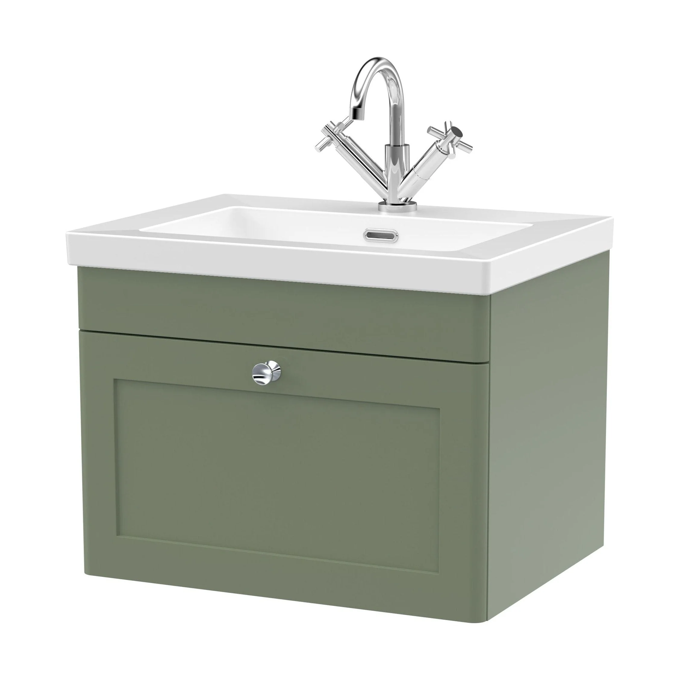 Swynnerton Traditional 1 Drawer Wall Hung Vanity Unit with Fireclay Basin, Satin Green, 600mm