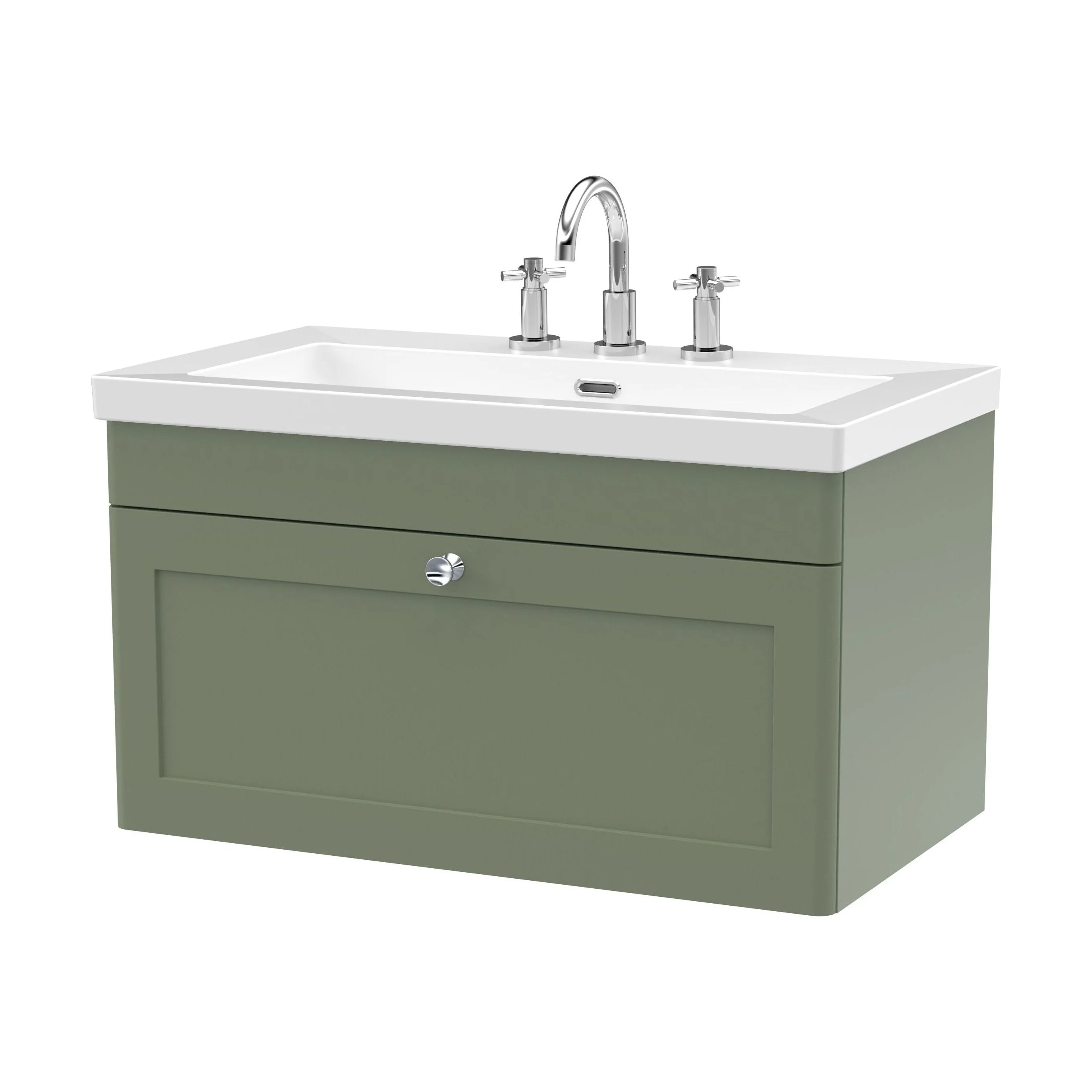 Swynnerton Traditional 1 Drawer Wall Hung Vanity Unit with Fireclay Basin, Satin Green, 800mm