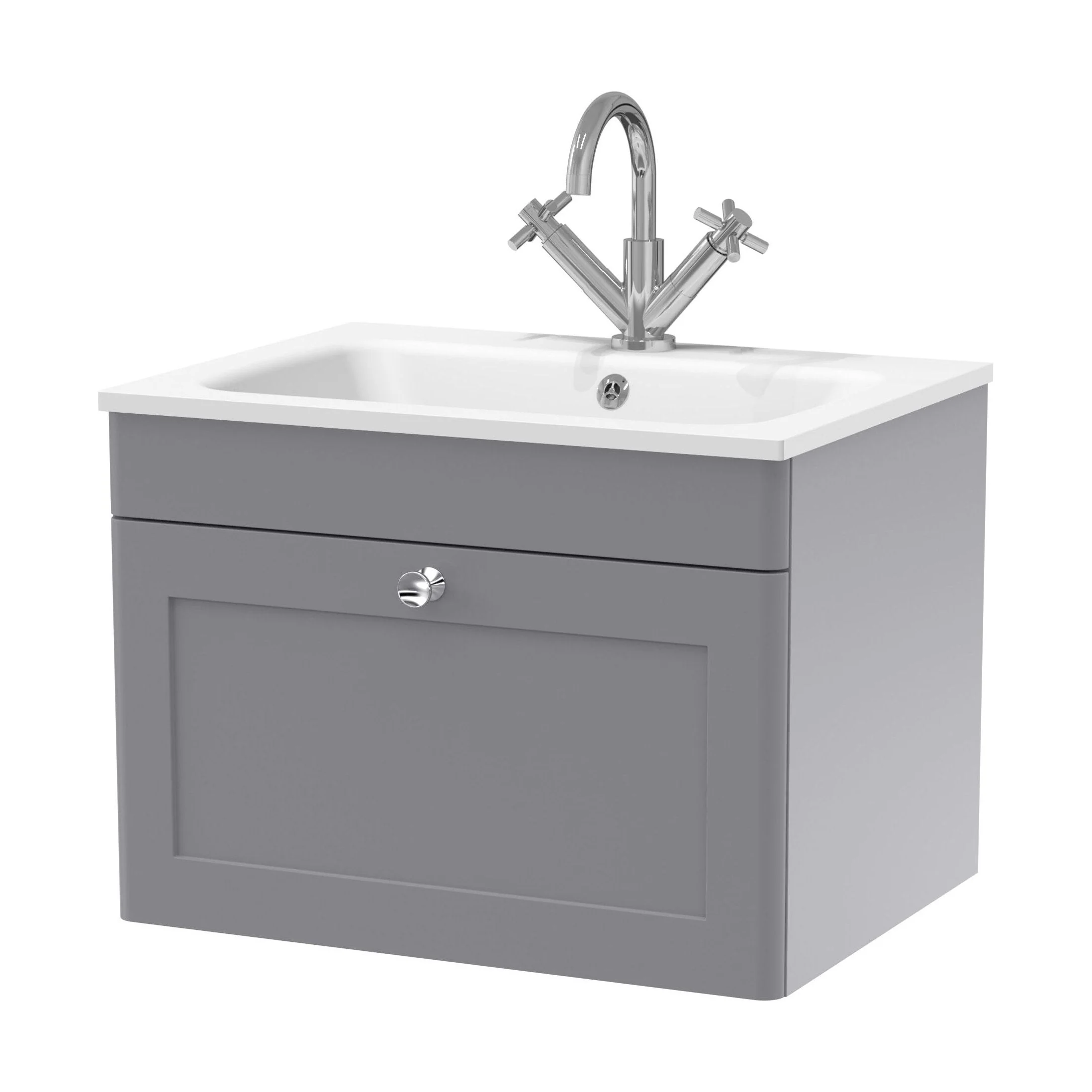 Swynnerton Traditional 1 Drawer Wall Hung Vanity Unit with Stone Basin, Satin Grey, 600mm