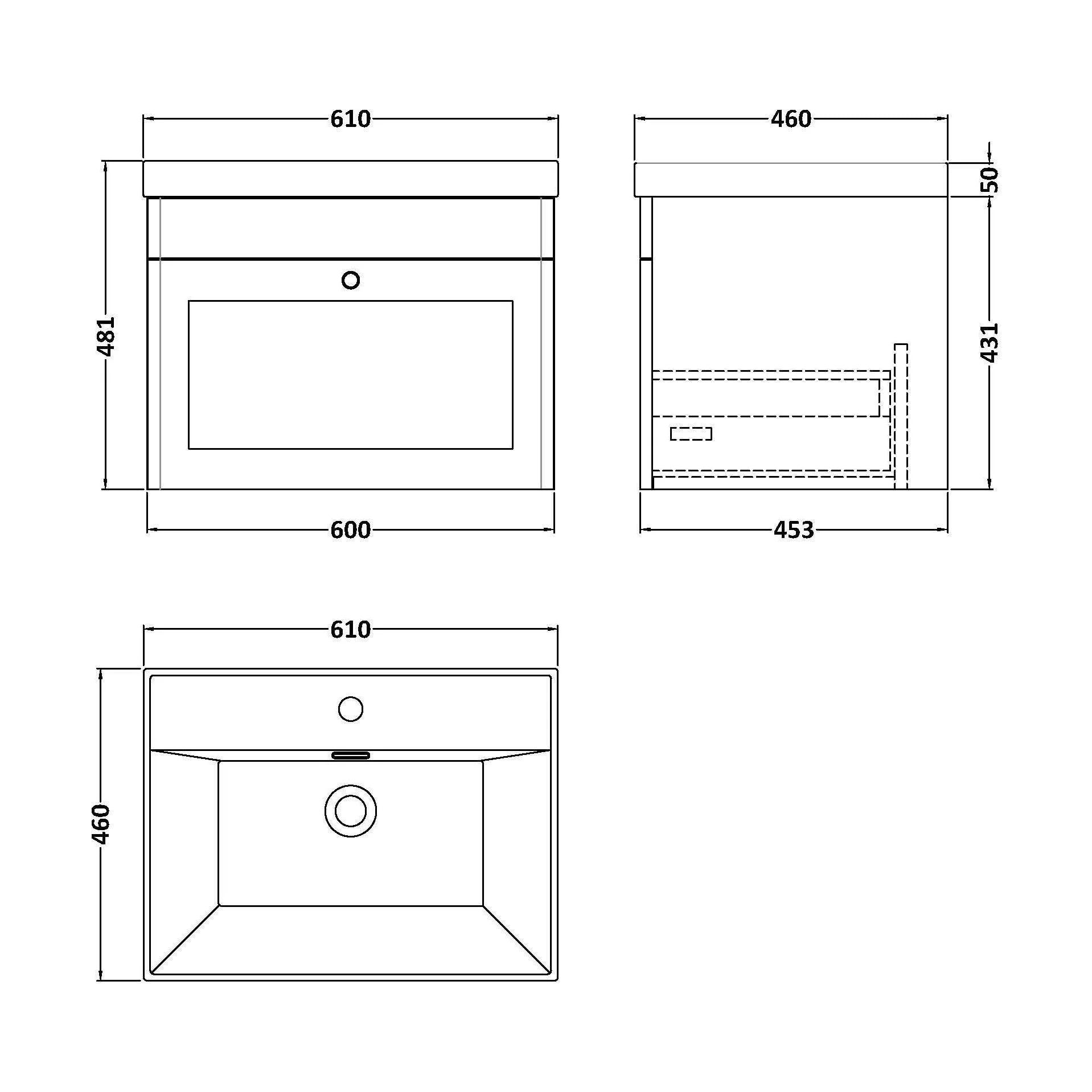 Swynnerton Traditional 1 Drawer Wall Hung Vanity Unit with Thin Edge Basin, Satin White, 600mm - Image 2
