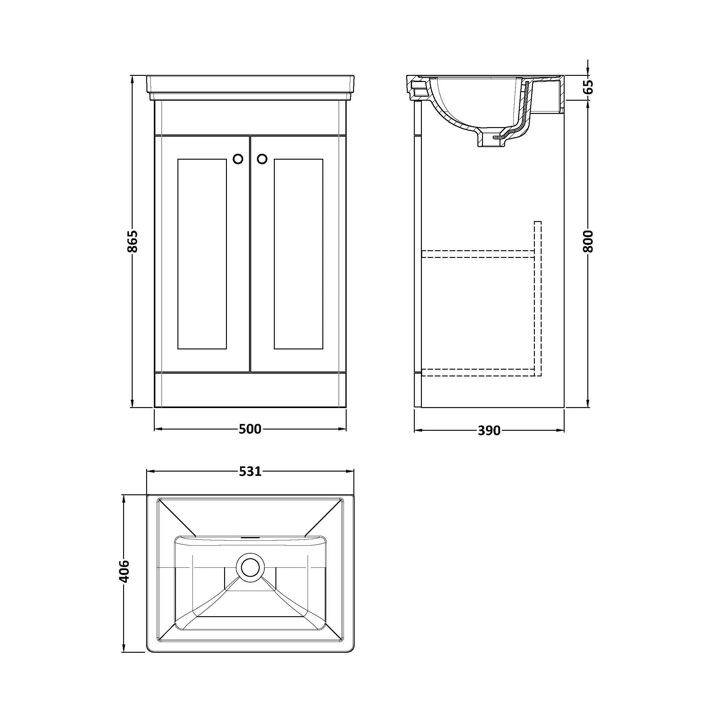 Swynnerton Traditional 2 Door Floor Standing Vanity Unit with Basin, Satin White, 500mm - Image 2