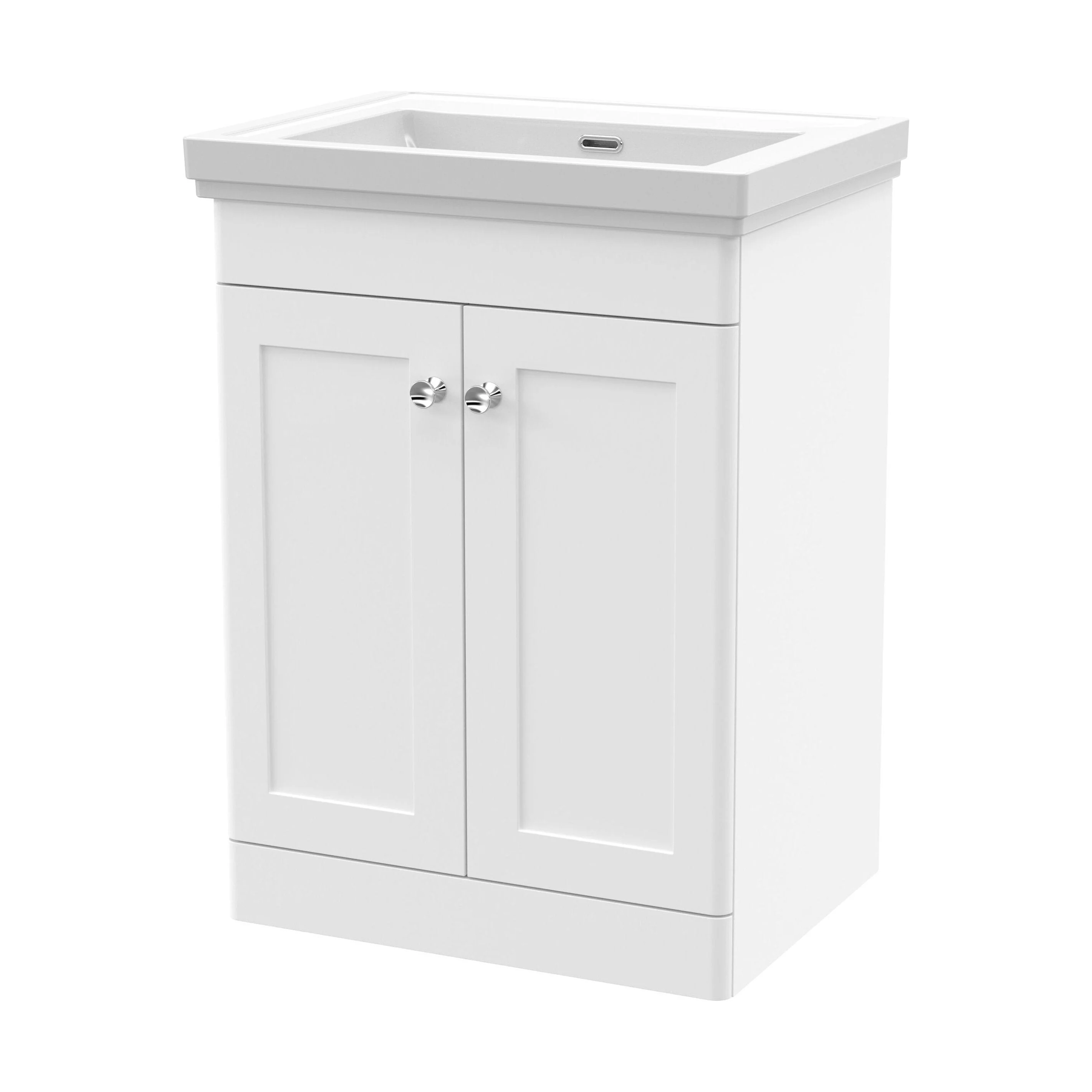 Swynnerton Traditional 2 Door Floor Standing Vanity Unit with Basin, Satin White, 600mm