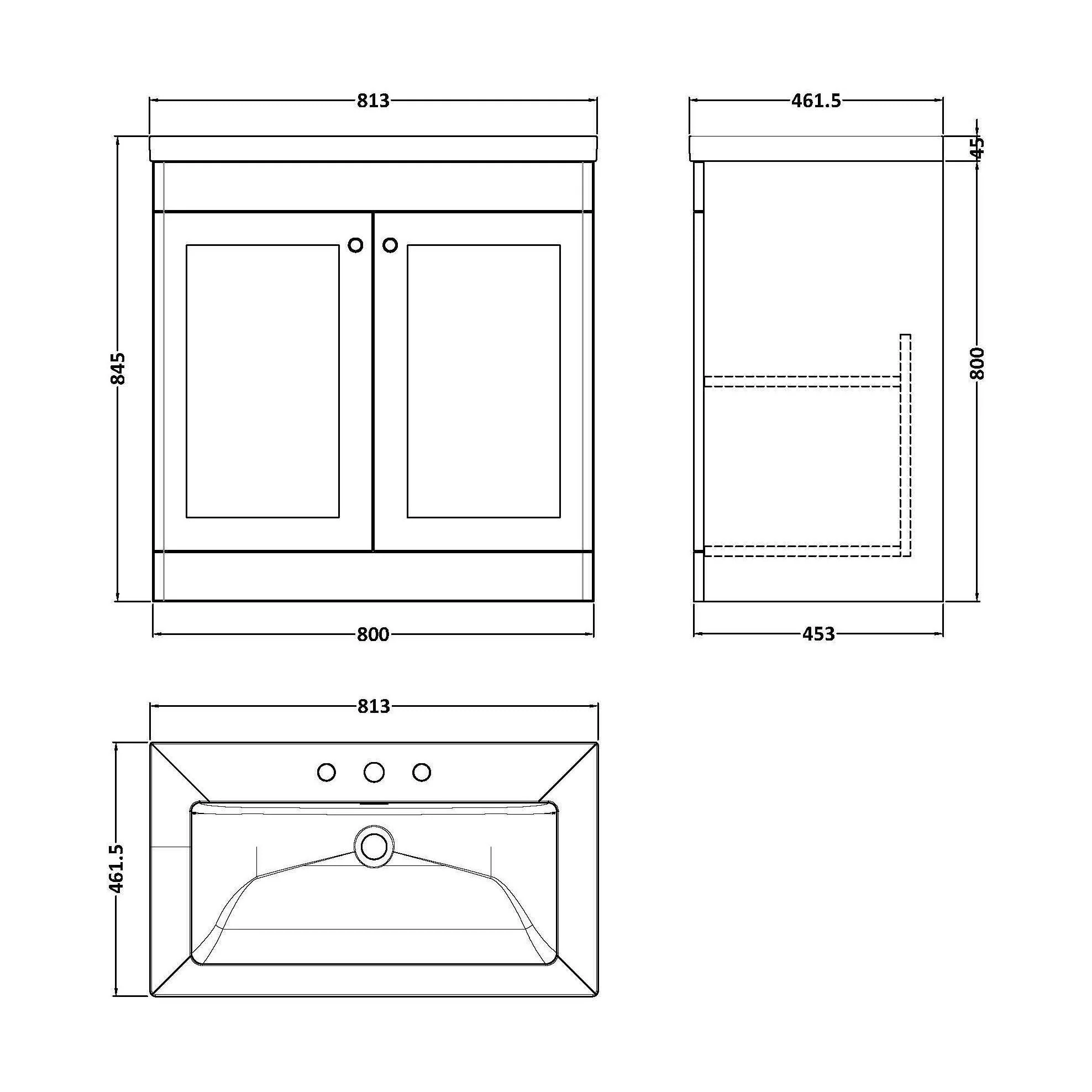 Swynnerton Traditional 2 Door Floor Standing Vanity Unit with Fireclay Basin, Satin White, 800mm - Image 2