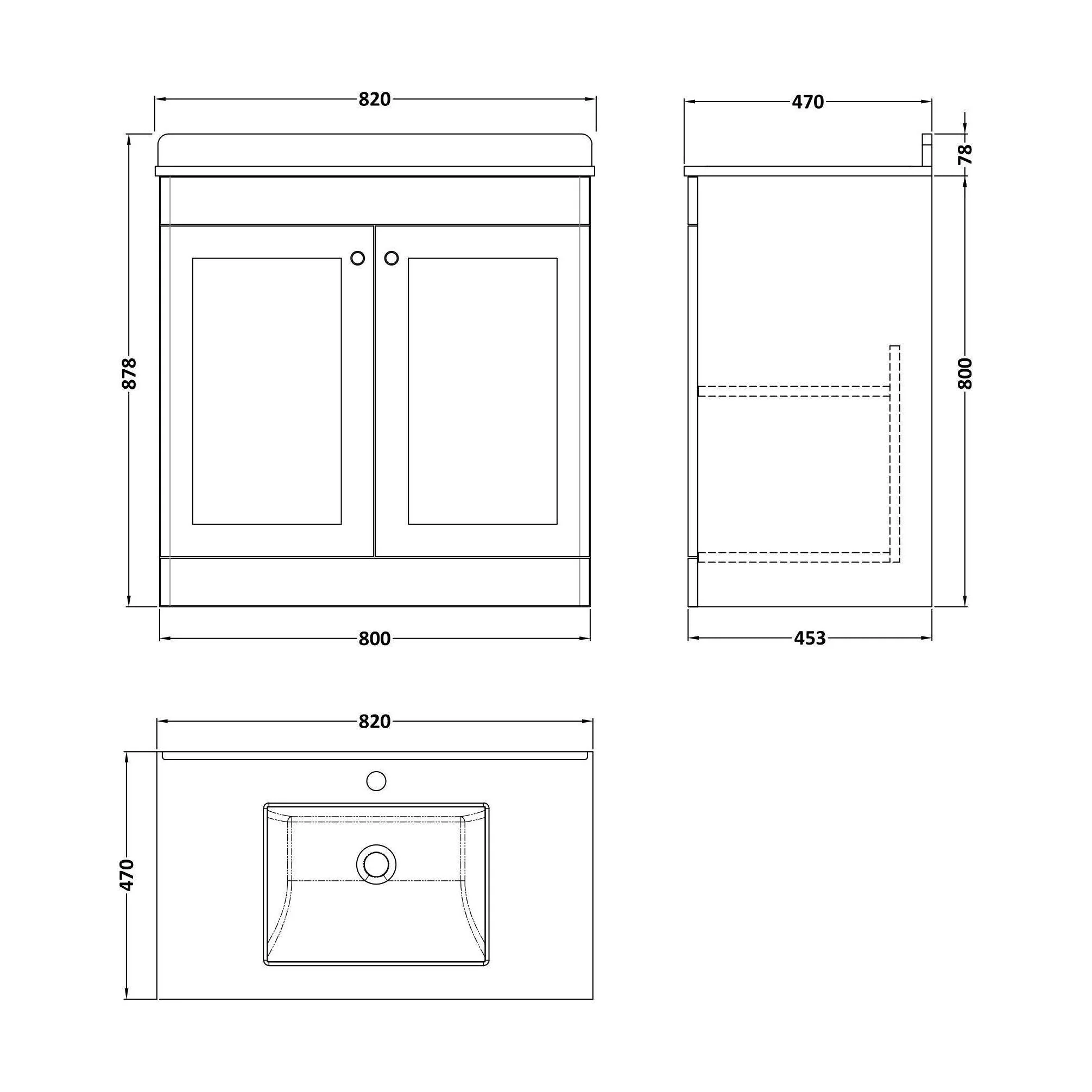 Swynnerton Traditional 2 Door Floor Standing Vanity Unit with Marble Basin, Satin Grey, 800mm - Image 2