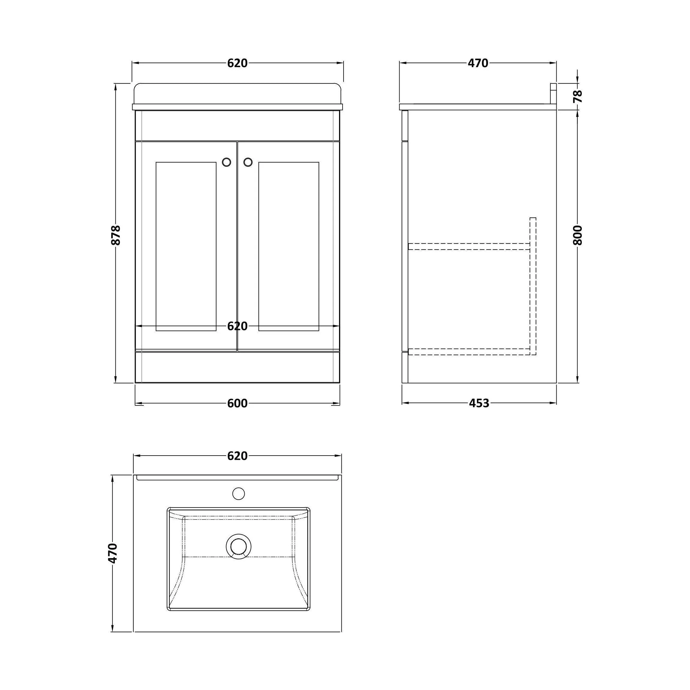 Swynnerton Traditional 2 Door Floor Standing Vanity Unit with Marble Basin, Satin White, 600mm - Image 2