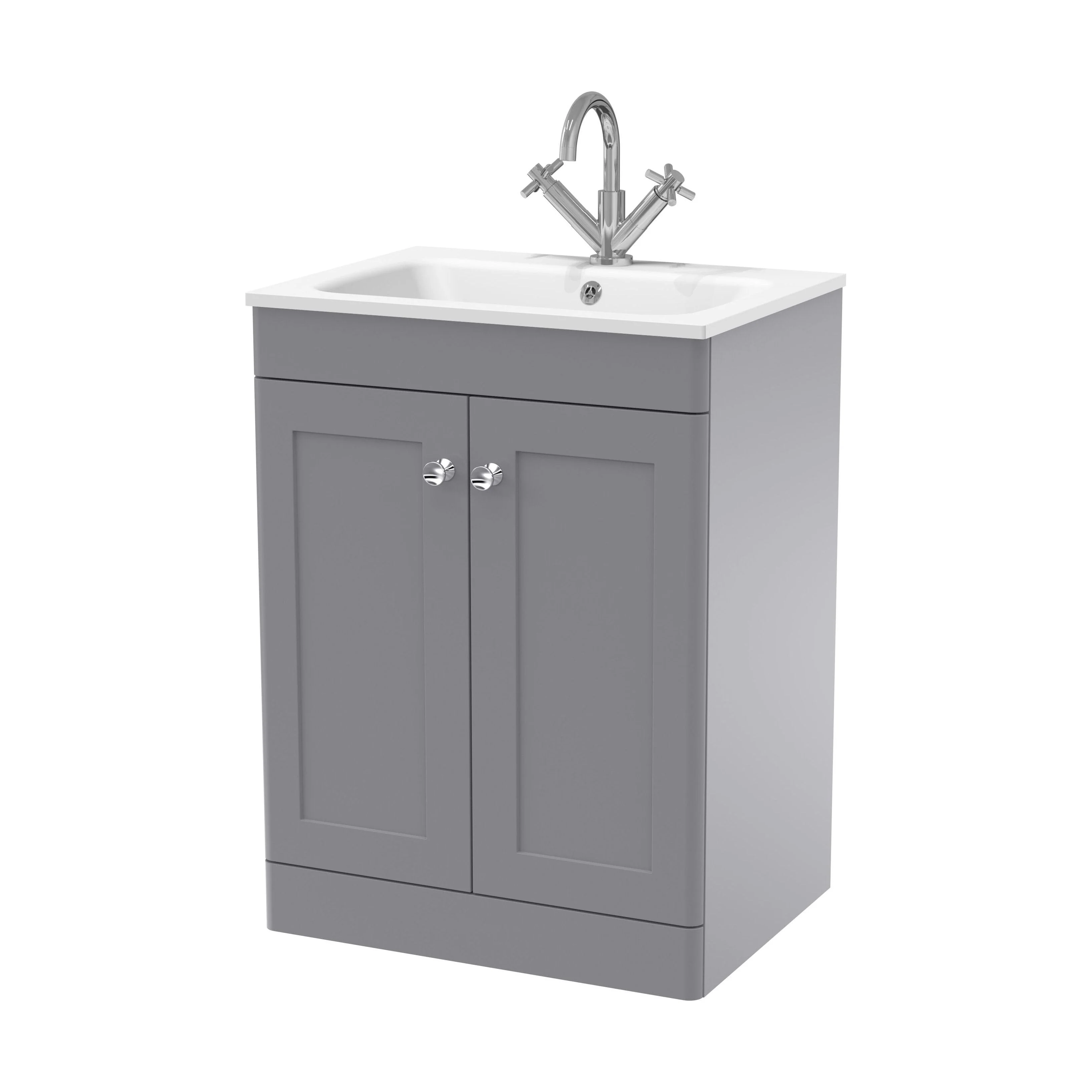 Swynnerton Traditional 2 Door Floor Standing Vanity Unit with Stone Basin, Satin Grey, 600mm