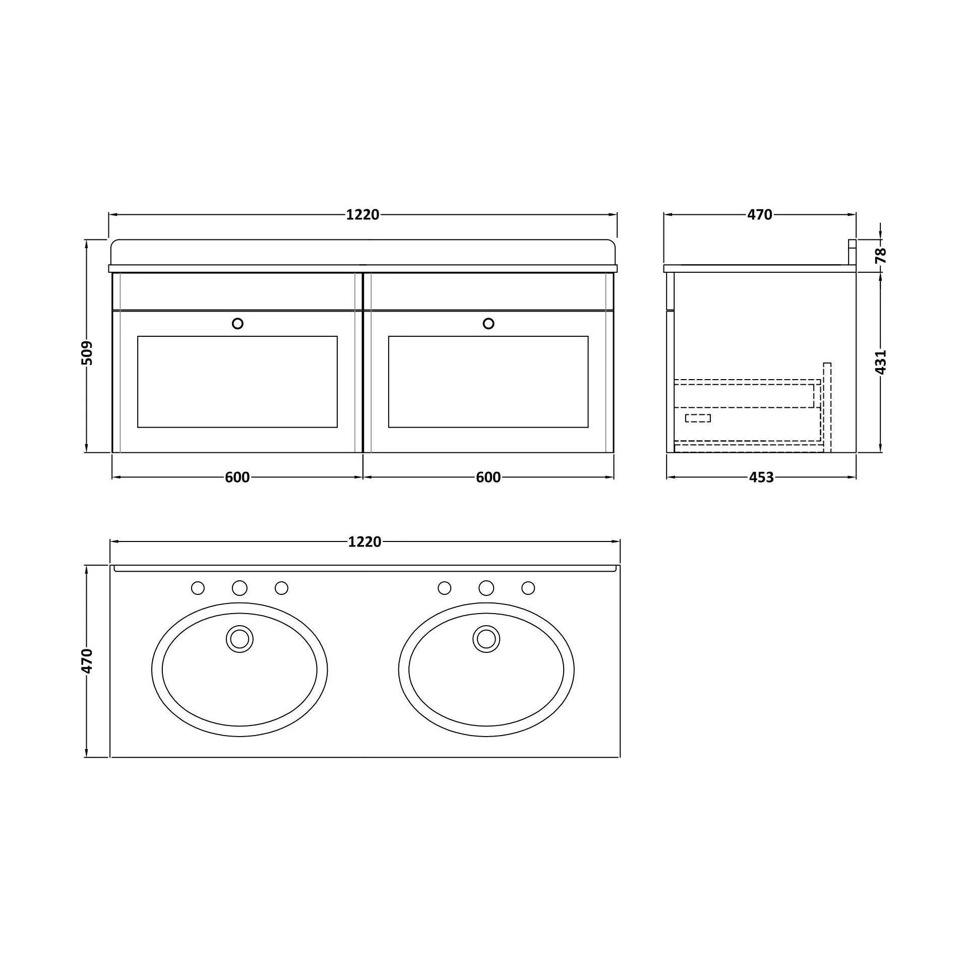 Swynnerton Traditional 2 Drawer Wall Hung Vanity Unit with Double Marble Basin, Satin Green, 1200mm - Image 2