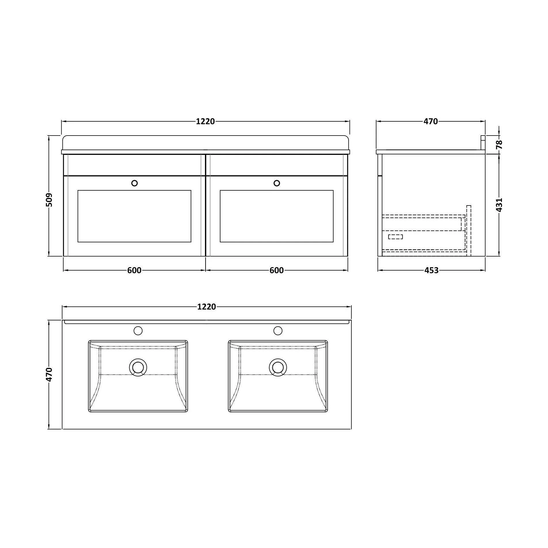 Swynnerton Traditional 2 Drawer Wall Hung Vanity Unit with Double Marble Basin, Satin Green, 1200mm - Image 2