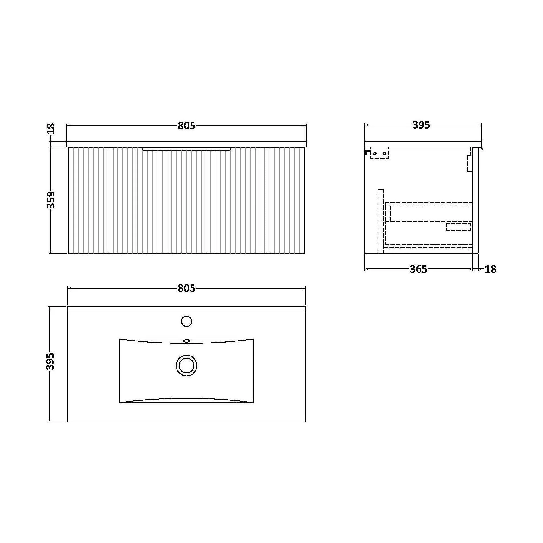Tixall Fluted 1 Drawer Wall Hung Vanity Unit with Minimalist Basin, Satin Green, 800mm - Image 2