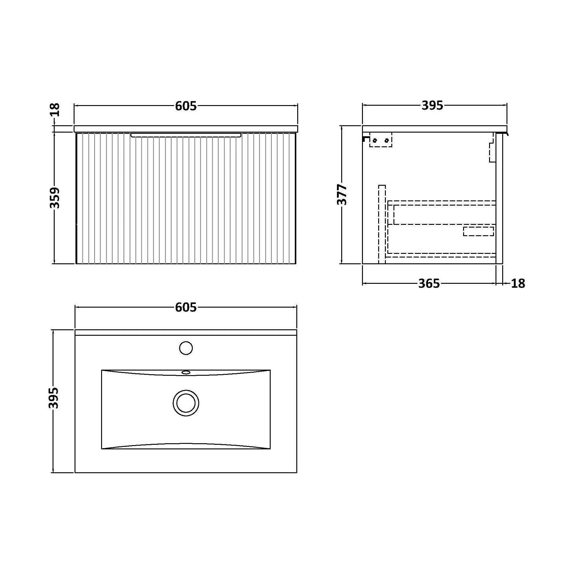 Tixall Fluted 1 Drawer Wall Hung Vanity Unit with Minimalist Basin, Satin Grey, 600mm - Image 2