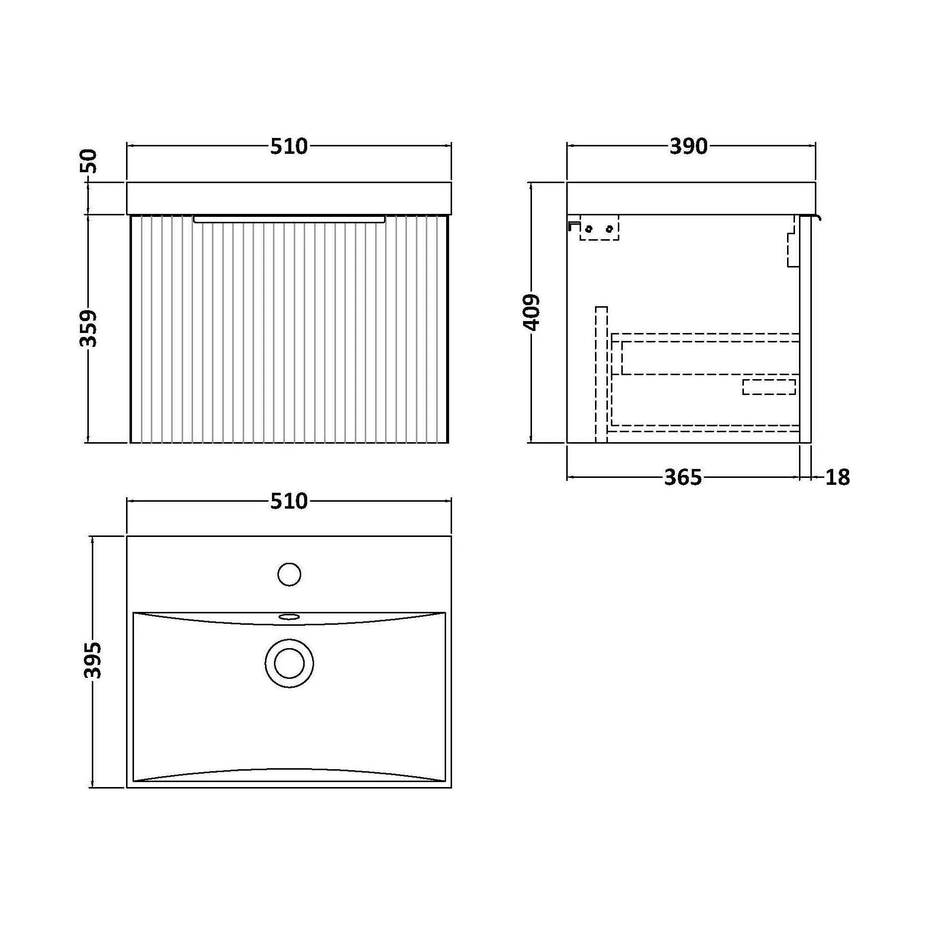 Tixall Fluted 1 Drawer Wall Hung Vanity Unit with Thin Edge Basin, Satin Grey, 500mm - Image 2