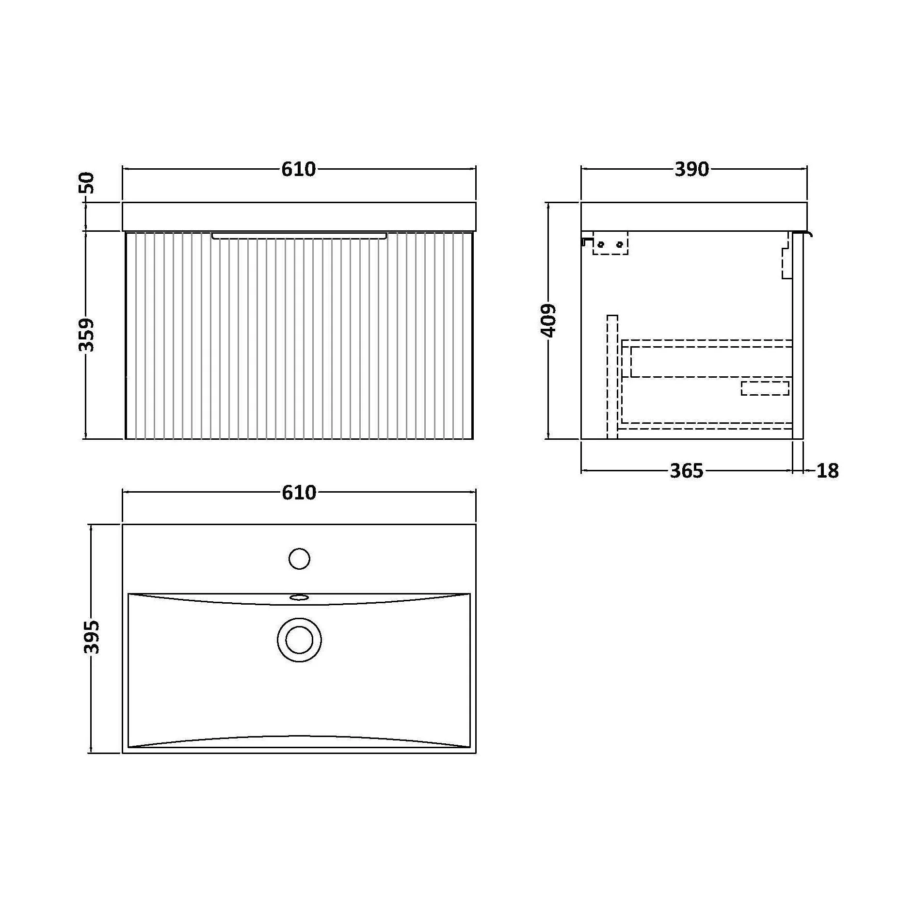 Tixall Fluted 1 Drawer Wall Hung Vanity Unit with Thin Edge Basin, Satin White, 600mm - Image 2