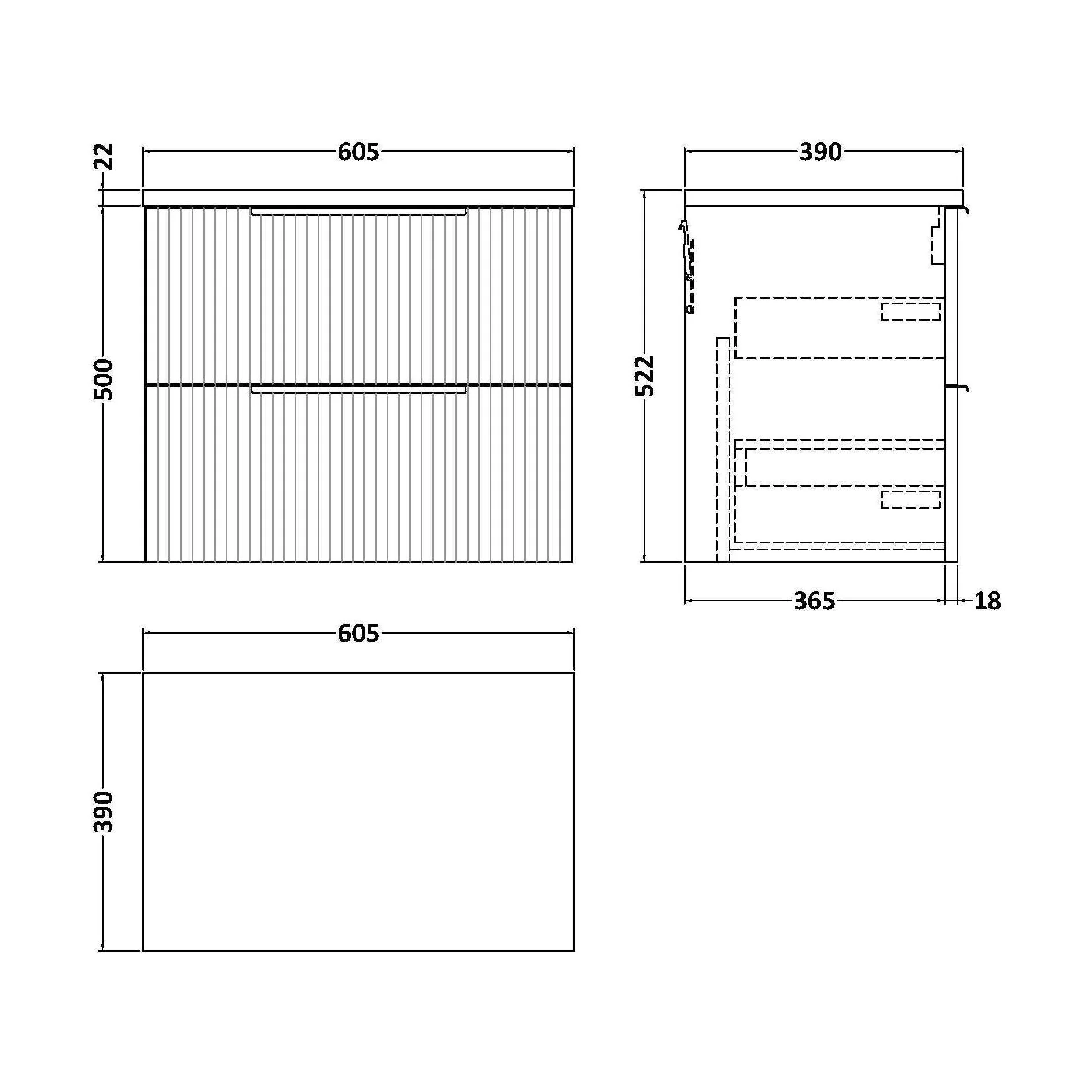 Tixall Fluted 2 Drawer Wall Hung Vanity Unit with Laminate Worktop, Satin Grey, 600mm - Image 2