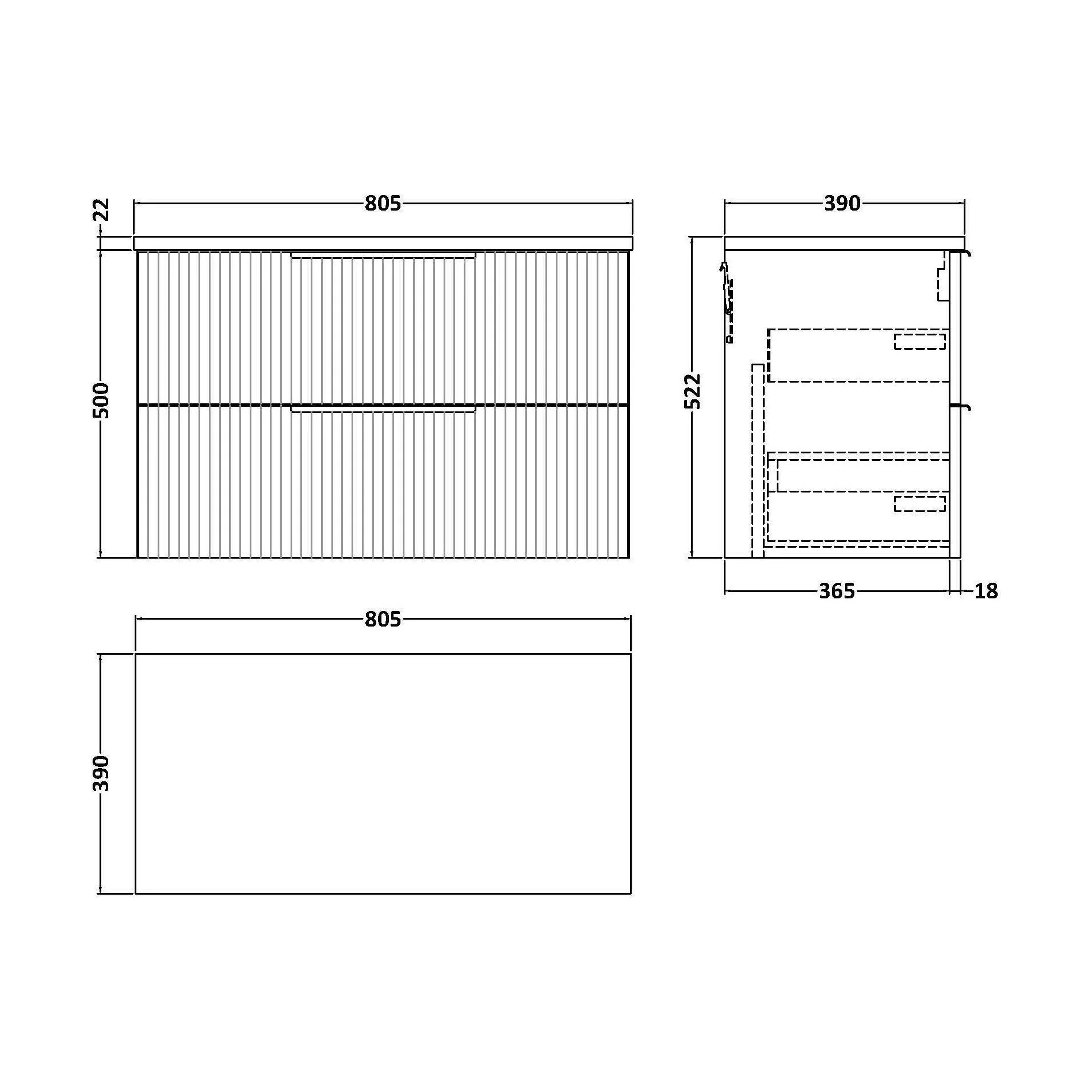 Tixall Fluted 2 Drawer Wall Hung Vanity Unit with Laminate Worktop, Satin White, 800mm - Image 2