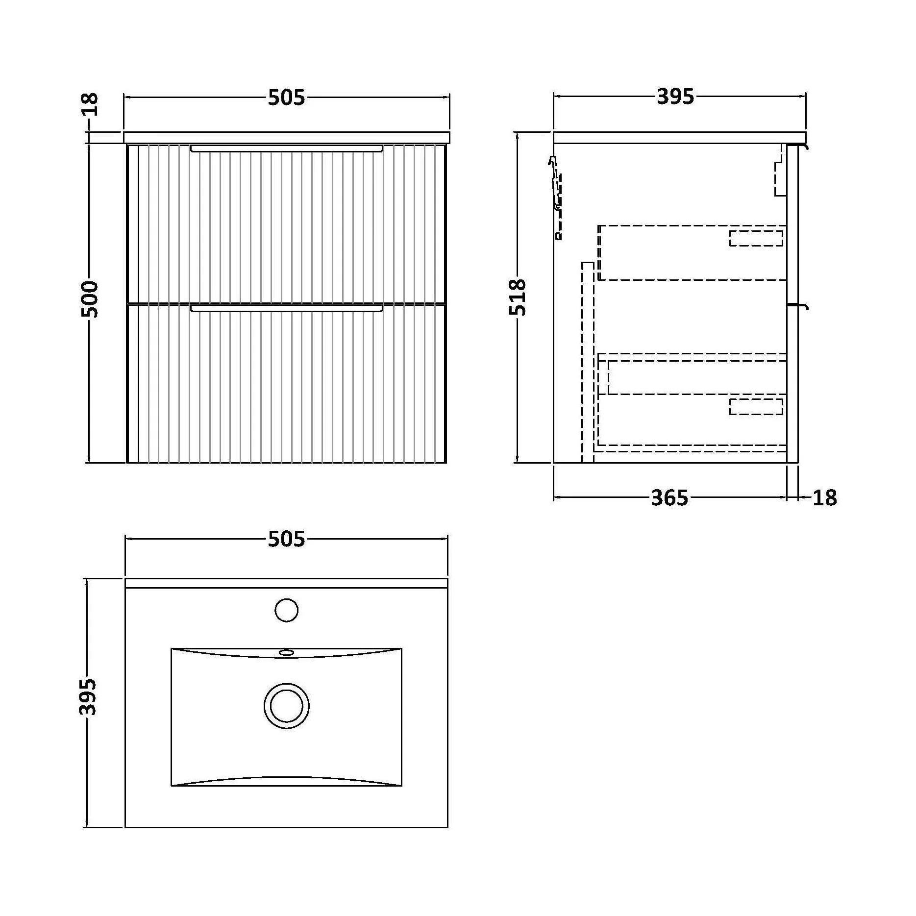 Tixall Fluted 2 Drawer Wall Hung Vanity Unit with Minimalist Basin, Dark Grey, 500mm - Image 2