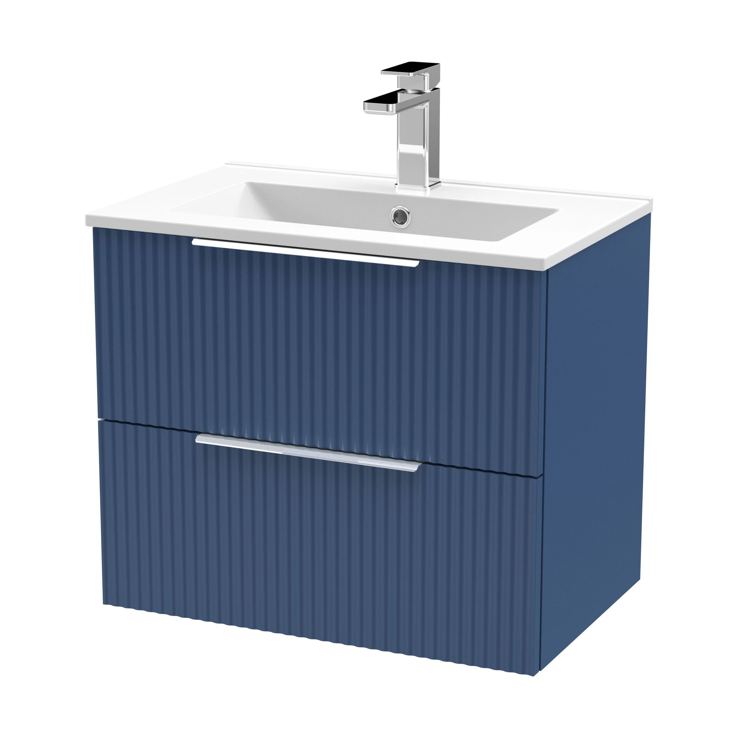 Tixall Fluted 2 Drawer Wall Hung Vanity Unit with Minimalist Basin, Satin Blue, 600mm