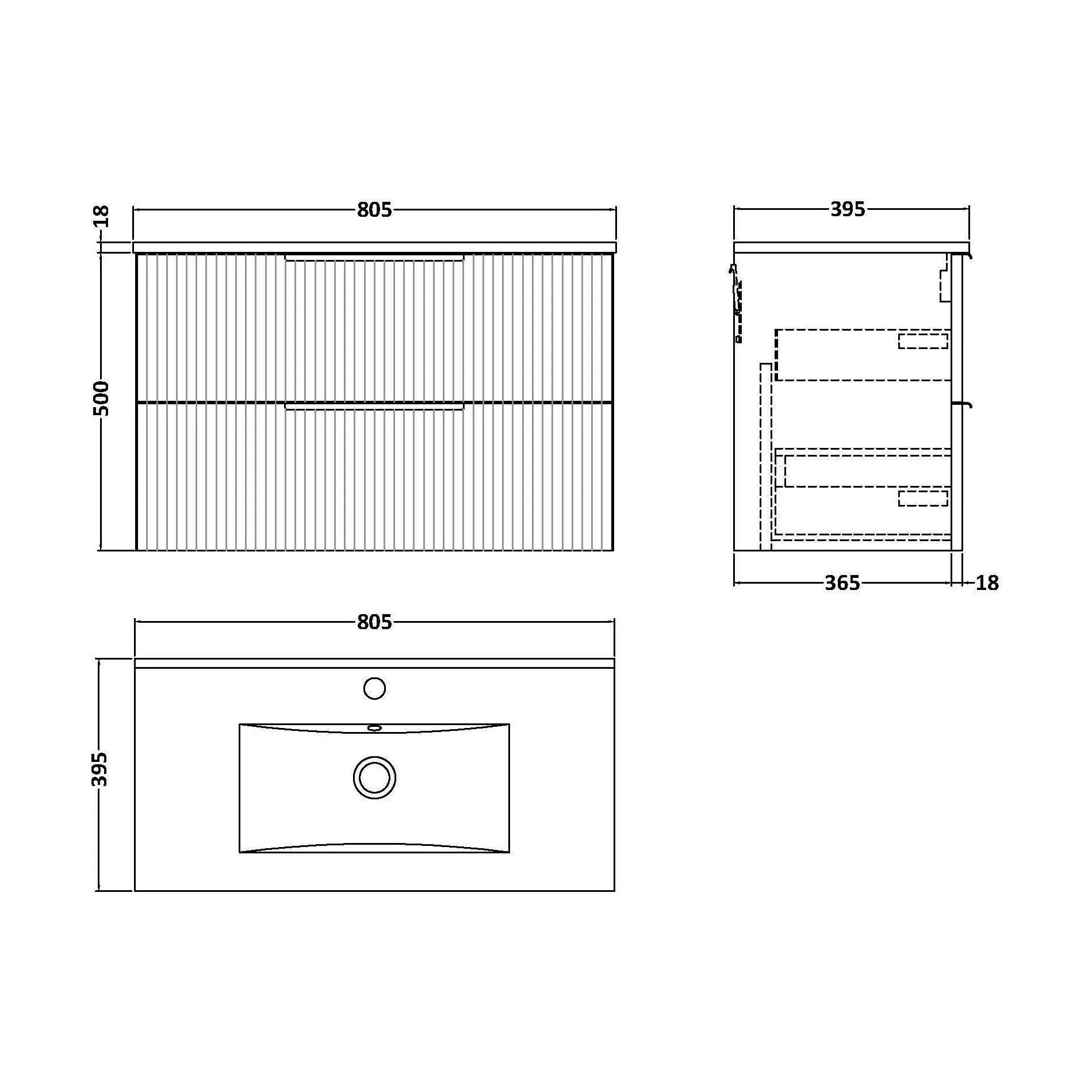Tixall Fluted 2 Drawer Wall Hung Vanity Unit with Minimalist Basin, Satin Grey, 800mm - Image 2