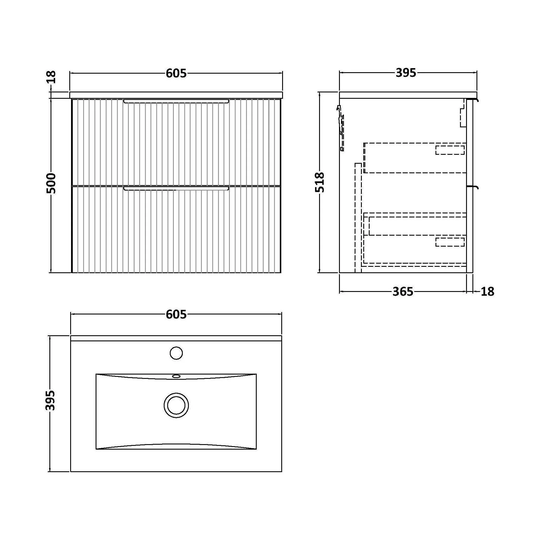 Tixall Fluted 2 Drawer Wall Hung Vanity Unit with Minimalist Basin, Satin White, 600mm - Image 2
