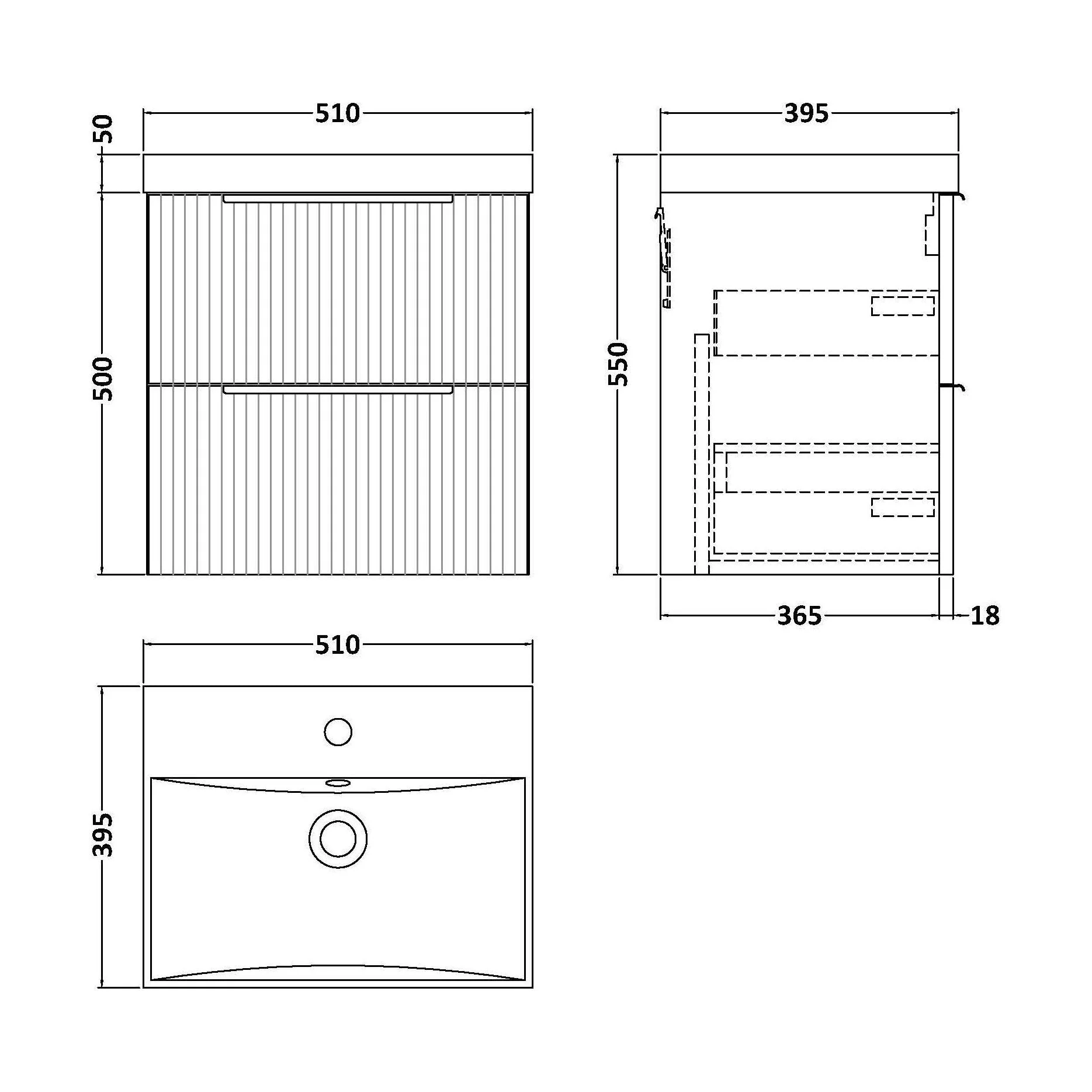 Tixall Fluted 2 Drawer Wall Hung Vanity Unit with Thin Edge Basin, Dark Grey, 500mm - Image 2