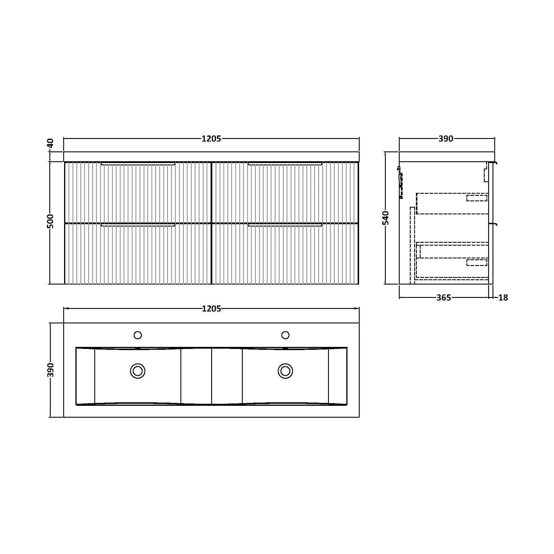 Tixall Fluted 4 Drawer Wall Hung Vanity Unit with Double Basin, Satin White, 1200mm - Image 2