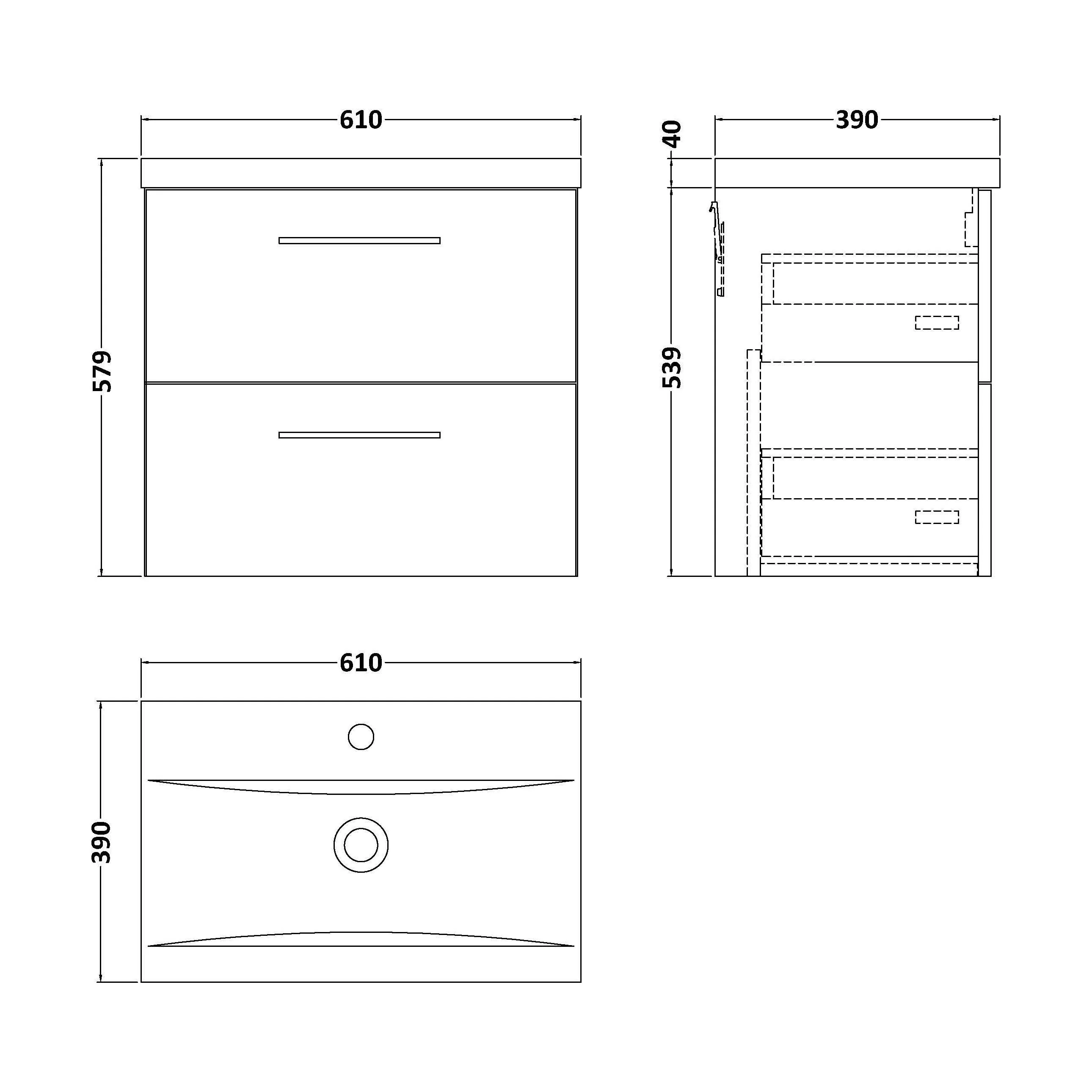 Bramshall Wall Hung 2 Drawer Vanity Unit with Mid-Edge Ceramic Basin - Choice of Colour, Handle Finish and Size - Image 182