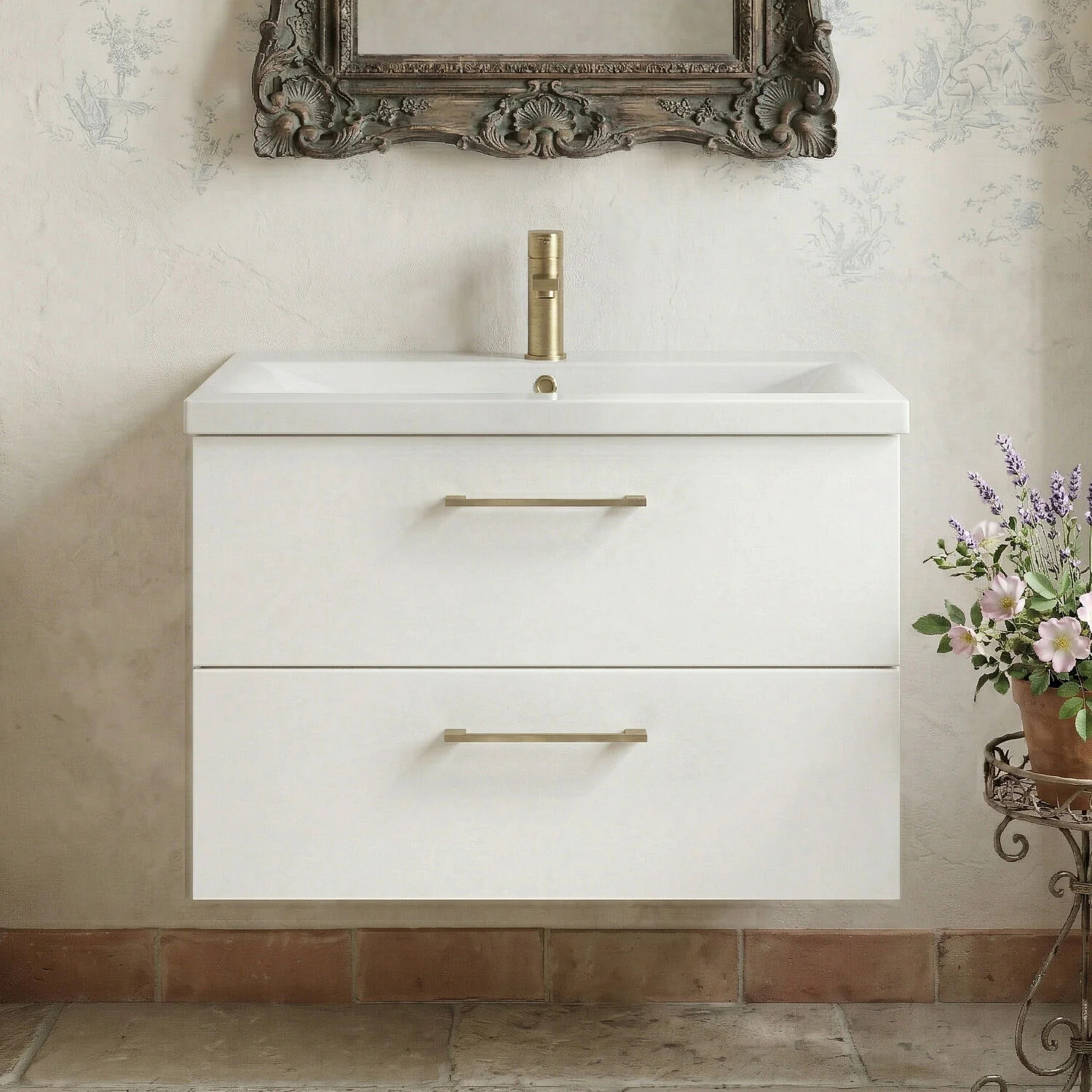 Bramshall Wall Hung 2 Drawer Vanity Unit with Mid-Edge Ceramic Basin - Choice of Colour, Handle Finish and Size - Image 2