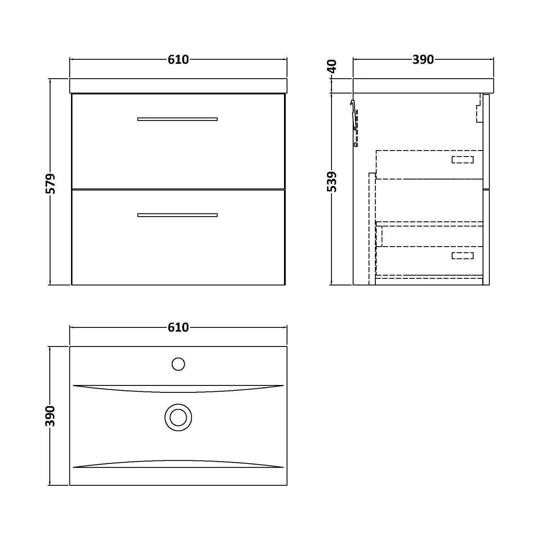 Bramshall Wall Hung 2 Drawer Vanity Unit with Mid-Edge Ceramic Basin - Choice of Colour, Handle Finish and Size - Image 208