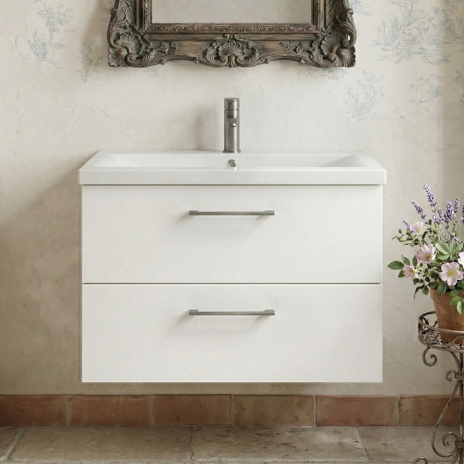Bramshall Wall Hung 2 Drawer Vanity Unit with Mid-Edge Ceramic Basin - Choice of Colour, Handle Finish and Size - Image 6