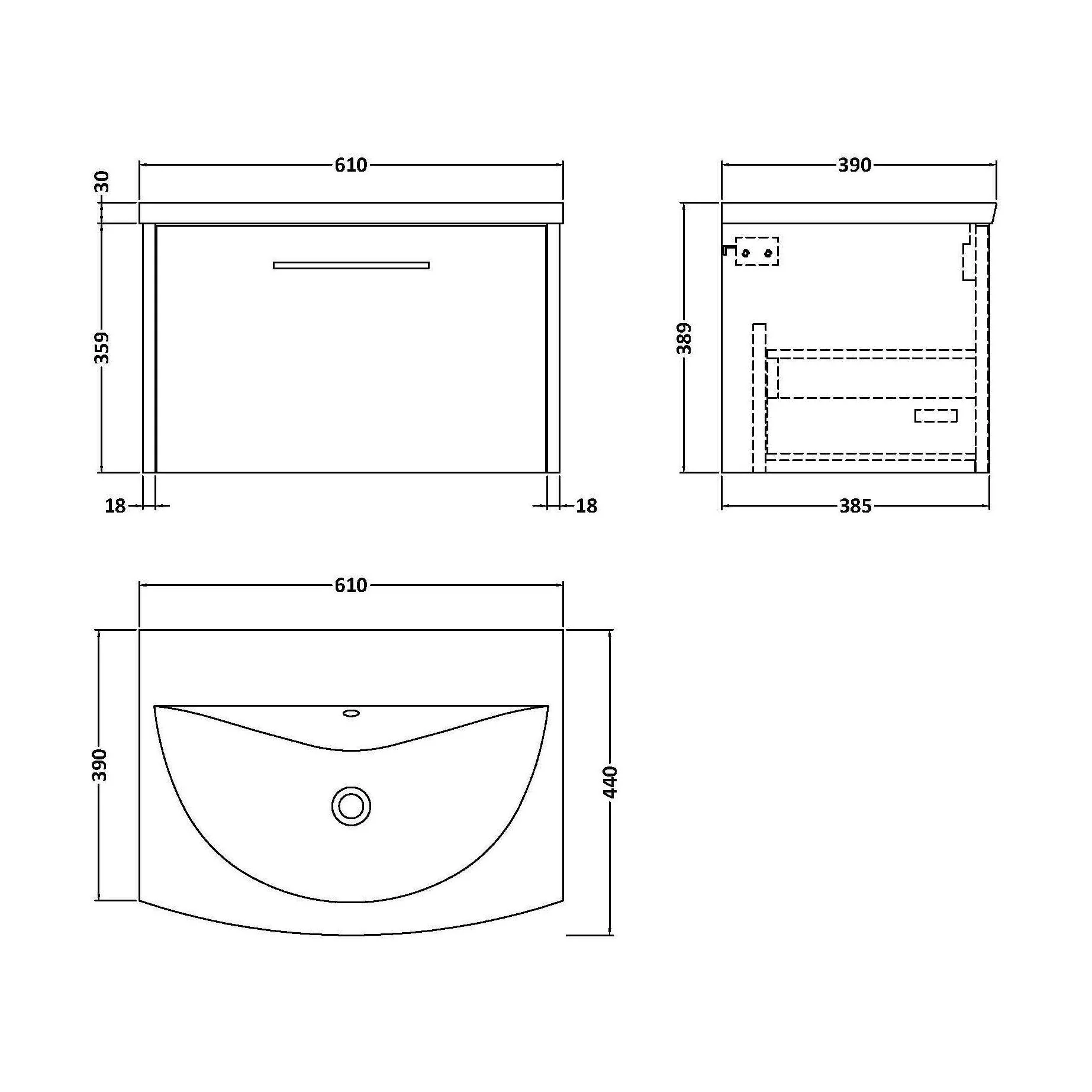 Winshill Contemporary 1 Drawer Wall Hung Vanity Unit with Curved Basin, Grey, 600mm - Image 2