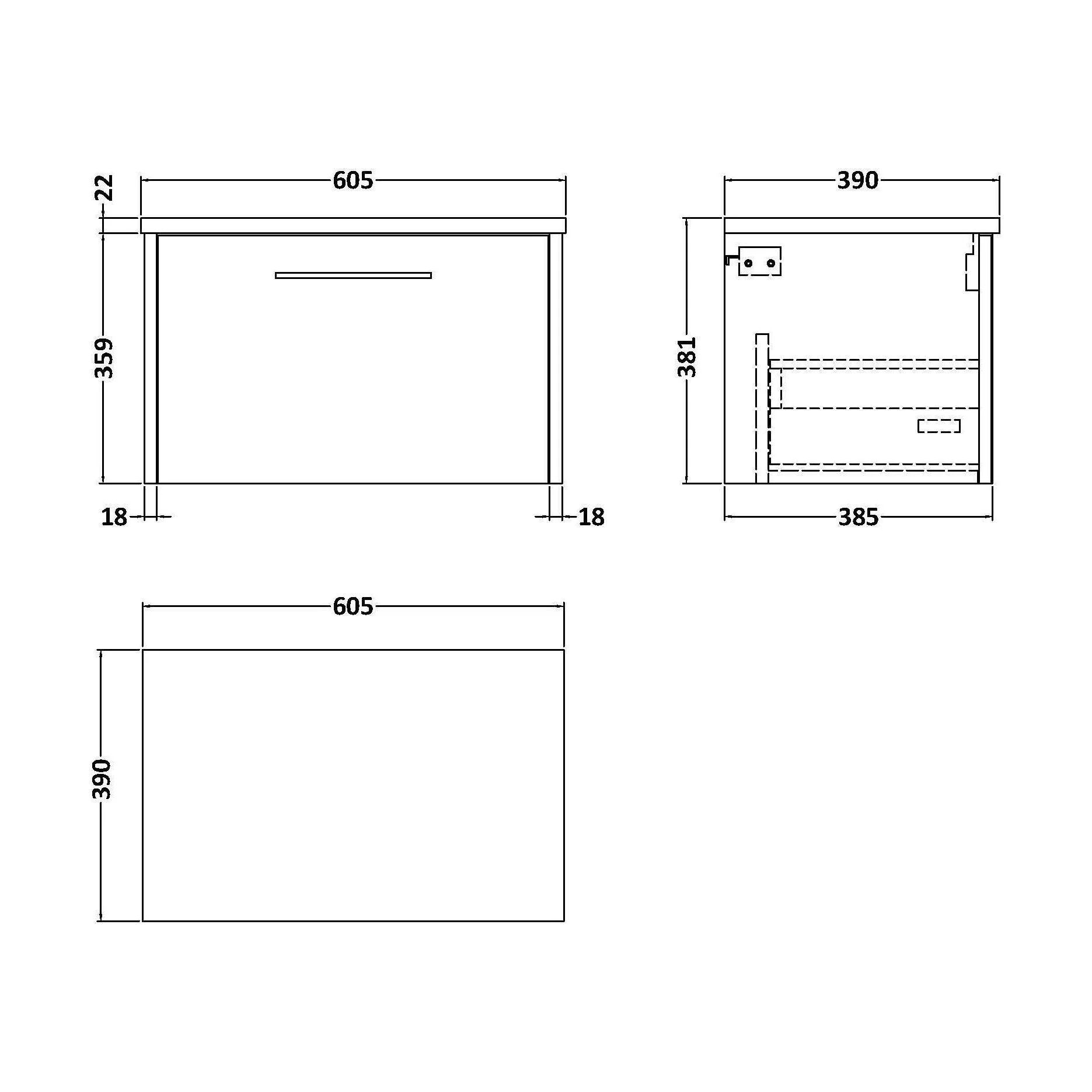 Winshill Contemporary 1 Drawer Wall Hung Vanity Unit with Laminate Worktop, Woodgrain Dark Grey, 600mm - Image 2