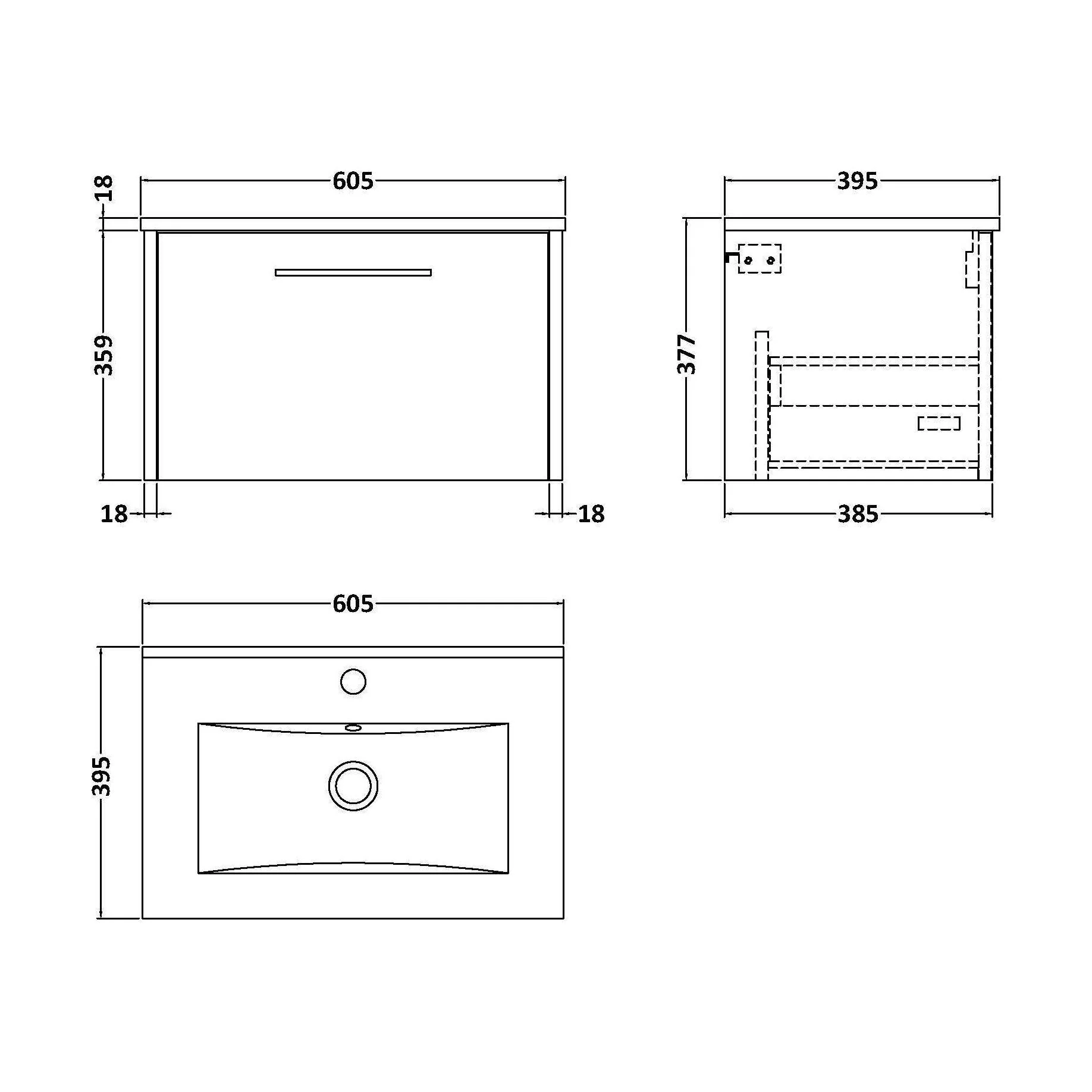 Winshill Contemporary 1 Drawer Wall Hung Vanity Unit with Minimalist Basin, Dark Blue, 600mm - Image 2