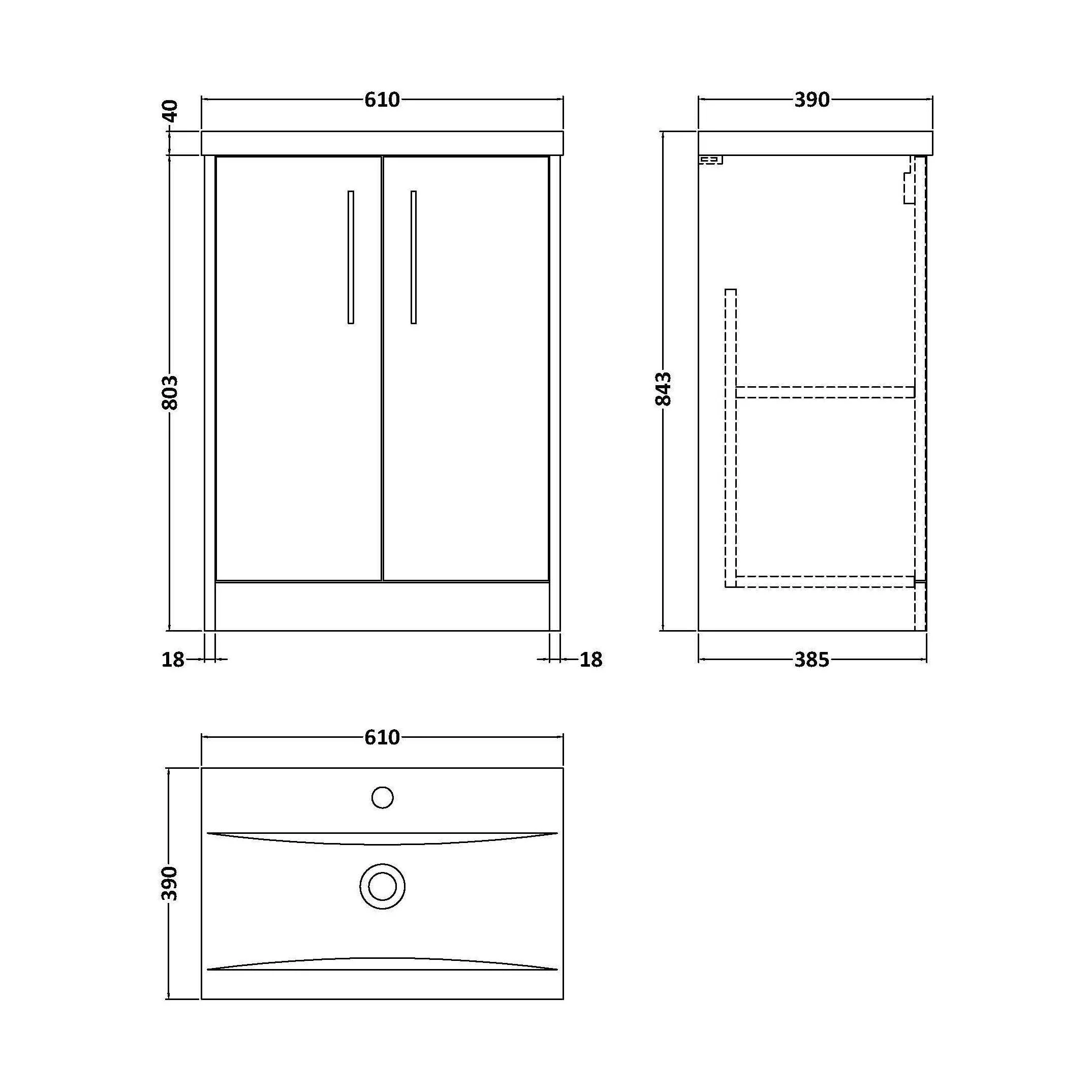 Winshill Contemporary 2 Door Floor Standing Vanity Unit with Mid-Edge Basin, Light Oak, 600mm - Image 2