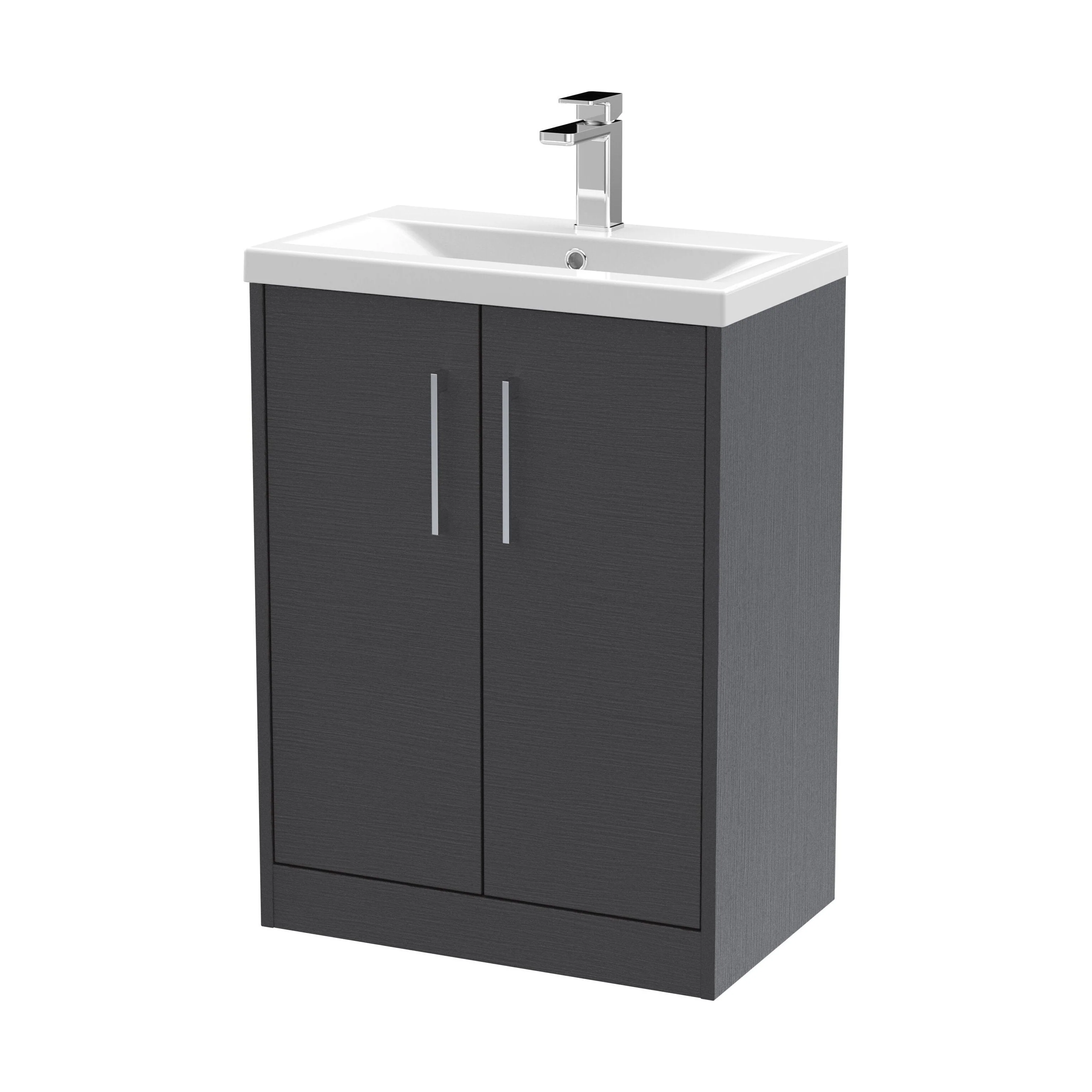 Winshill Contemporary 2 Door Floor Standing Vanity Unit with Mid-Edge Basin, Woodgrain Dark Grey, 600mm