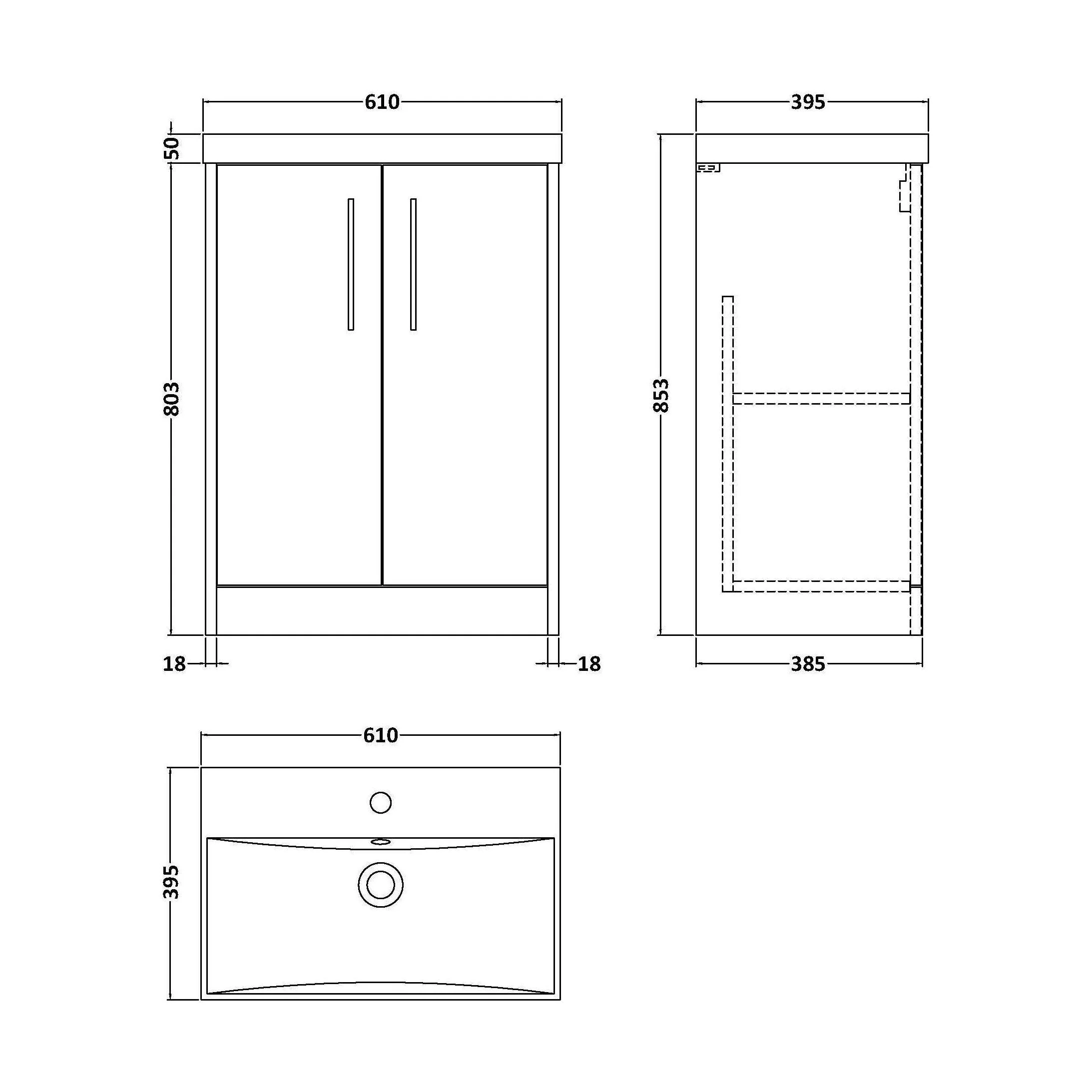 Winshill Contemporary 2 Door Floor Standing Vanity Unit with Thin Edge Basin, Grey, 600mm - Image 2