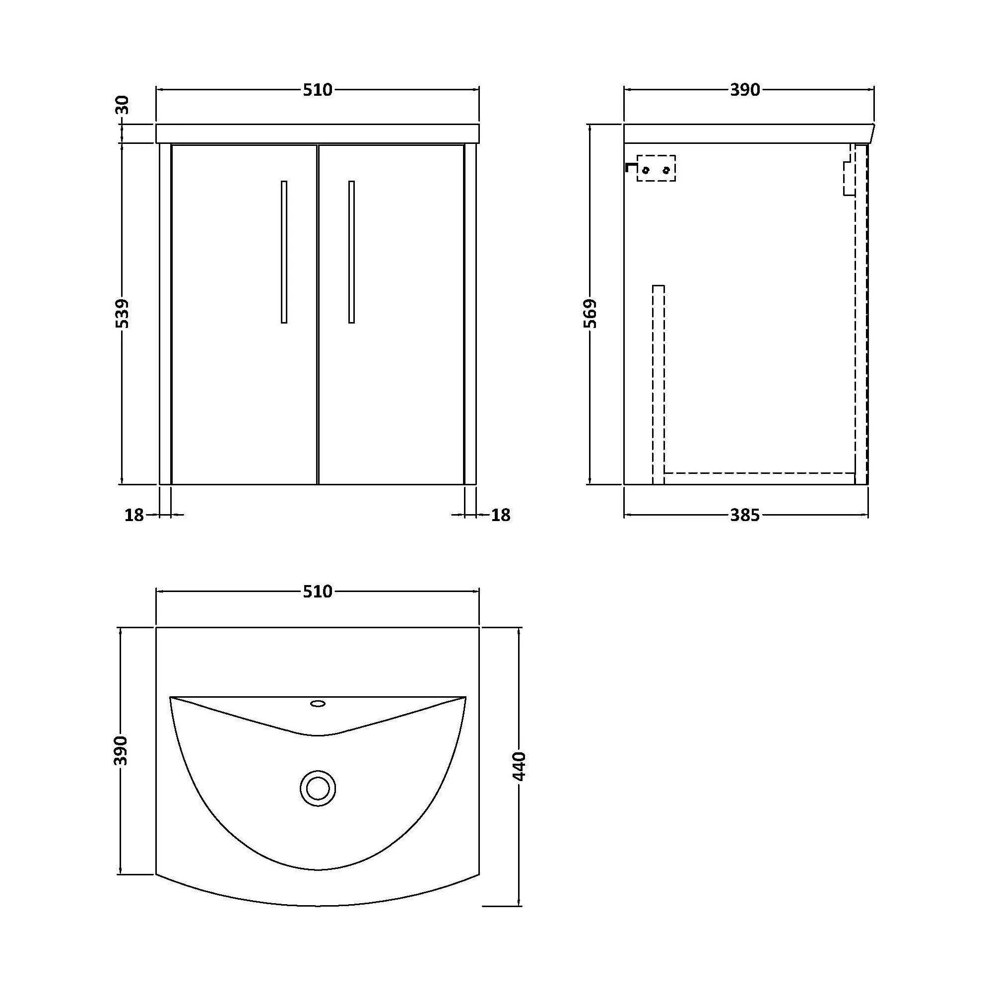 Winshill Contemporary 2 Door Wall Hung Vanity Unit with Curved Basin, Grey, 500mm - Image 2