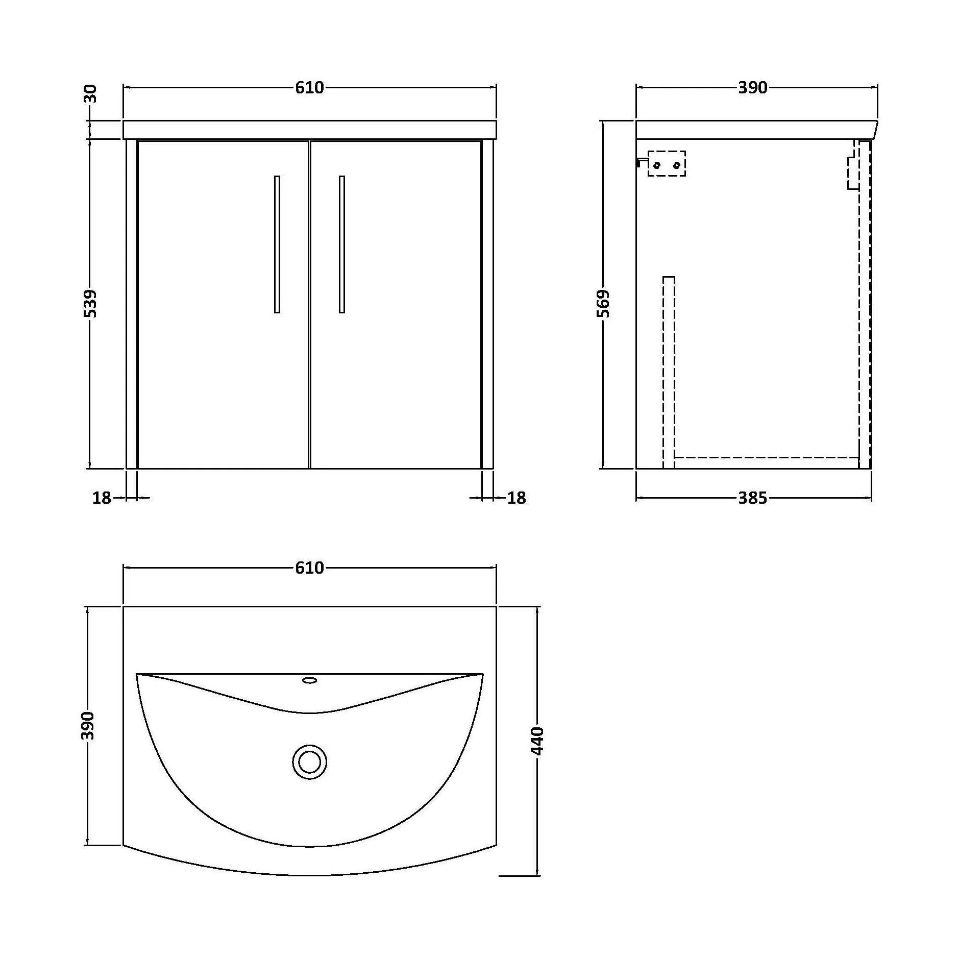 Winshill Contemporary 2 Door Wall Hung Vanity Unit with Curved Basin, Woodgrain Dark Grey, 600mm - Image 2
