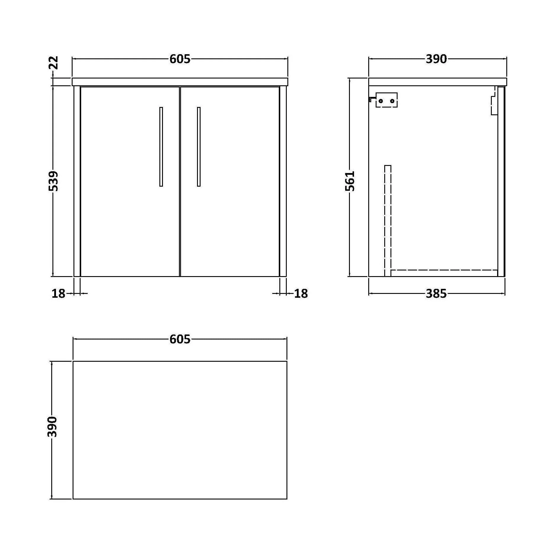 Winshill Contemporary 2 Door Wall Hung Vanity Unit with Laminate Worktop, 600mm - Image 2