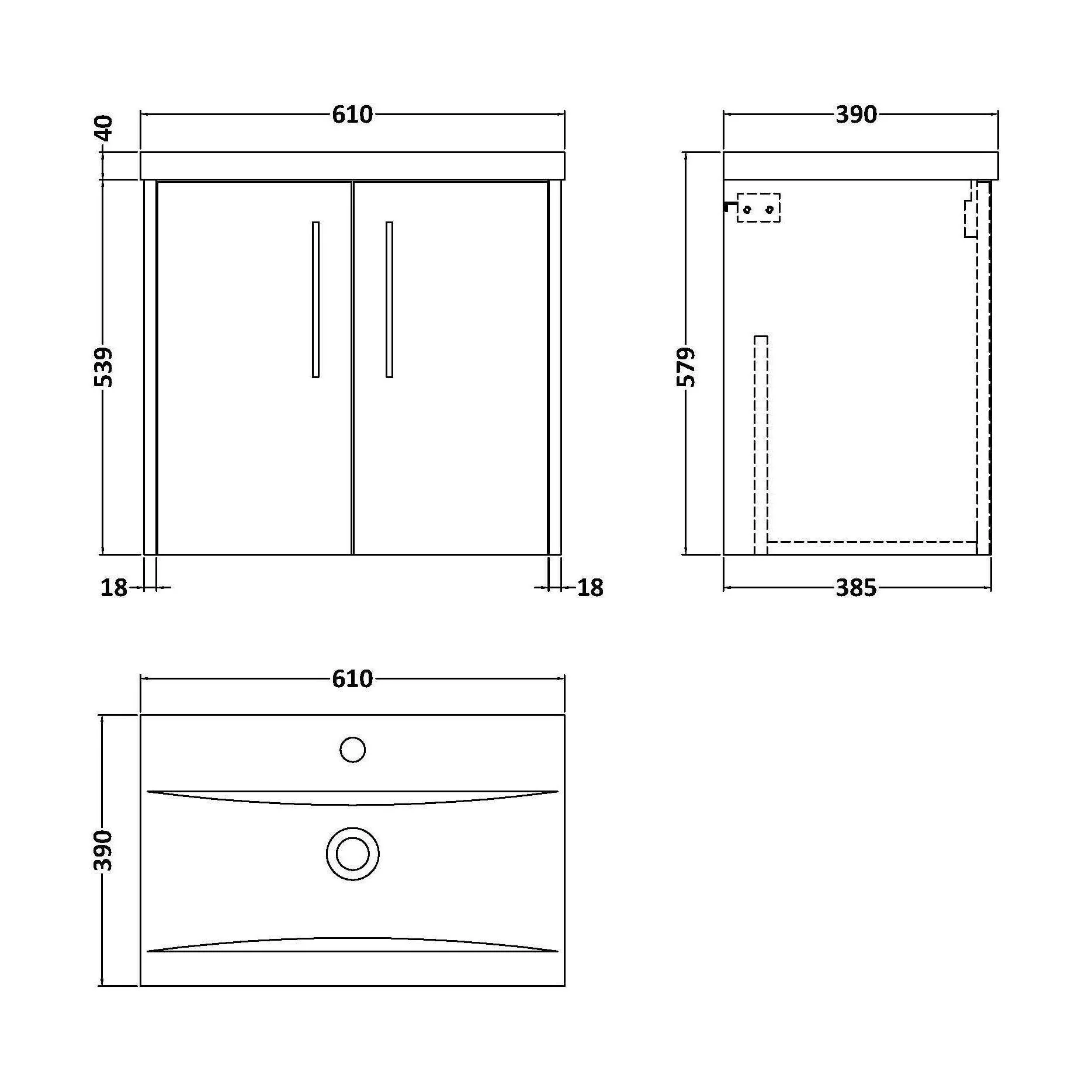 Winshill Contemporary 2 Door Wall Hung Vanity Unit with Mid-Edge Basin, Dark Blue, 600mm - Image 2