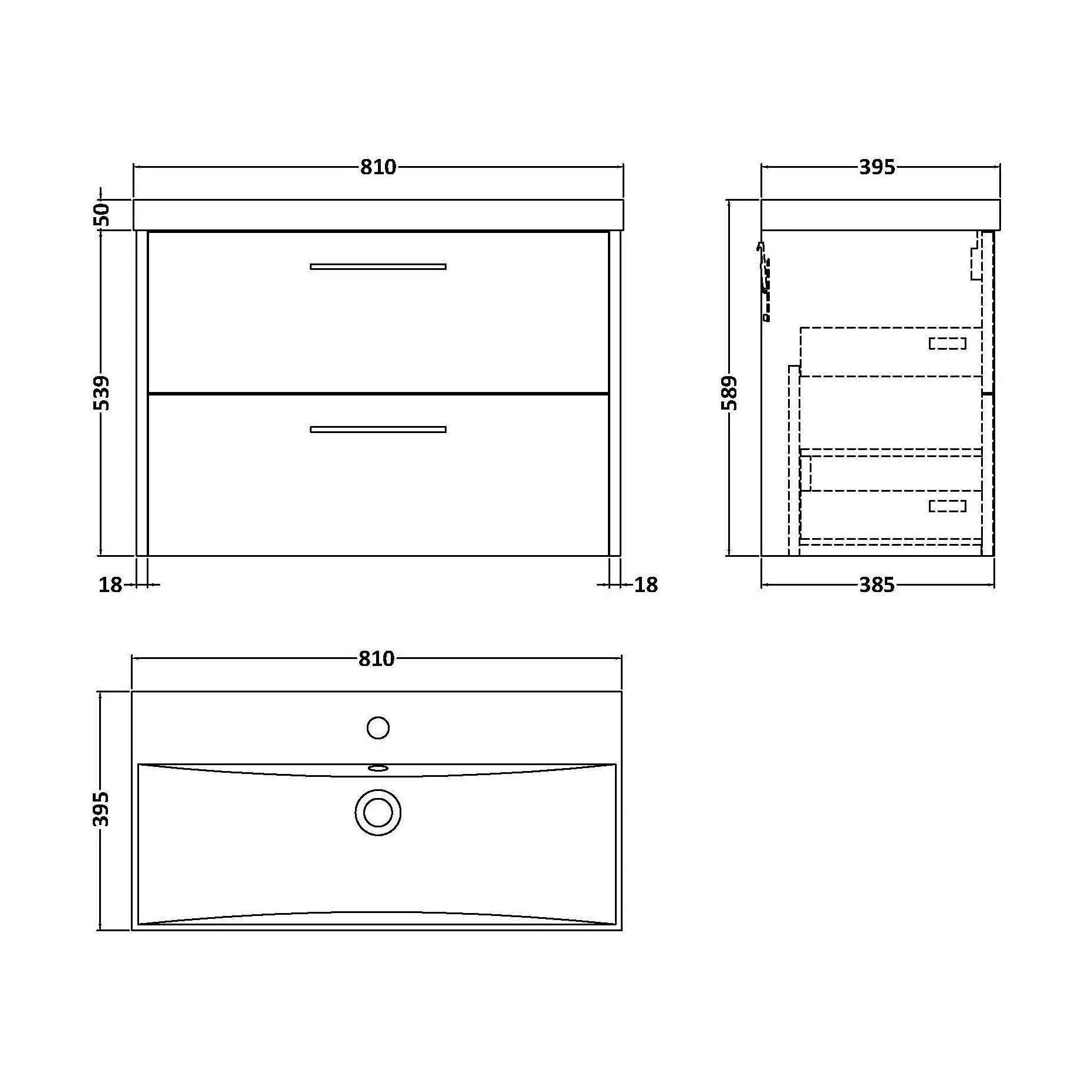 Winshill Contemporary 2 Drawer Wall Hung Vanity Unit with Thin Edge Basin, Dark Blue, 800mm - Image 2