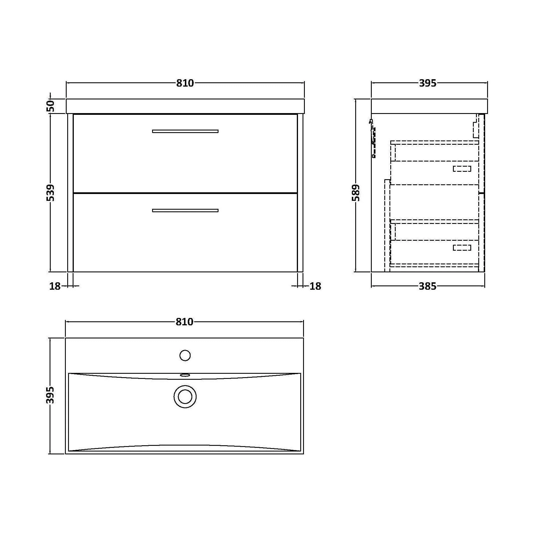 Winshill Contemporary 2 Drawer Wall Hung Vanity Unit with Thin Edge Basin, Metallic Slate, 800mm - Image 2