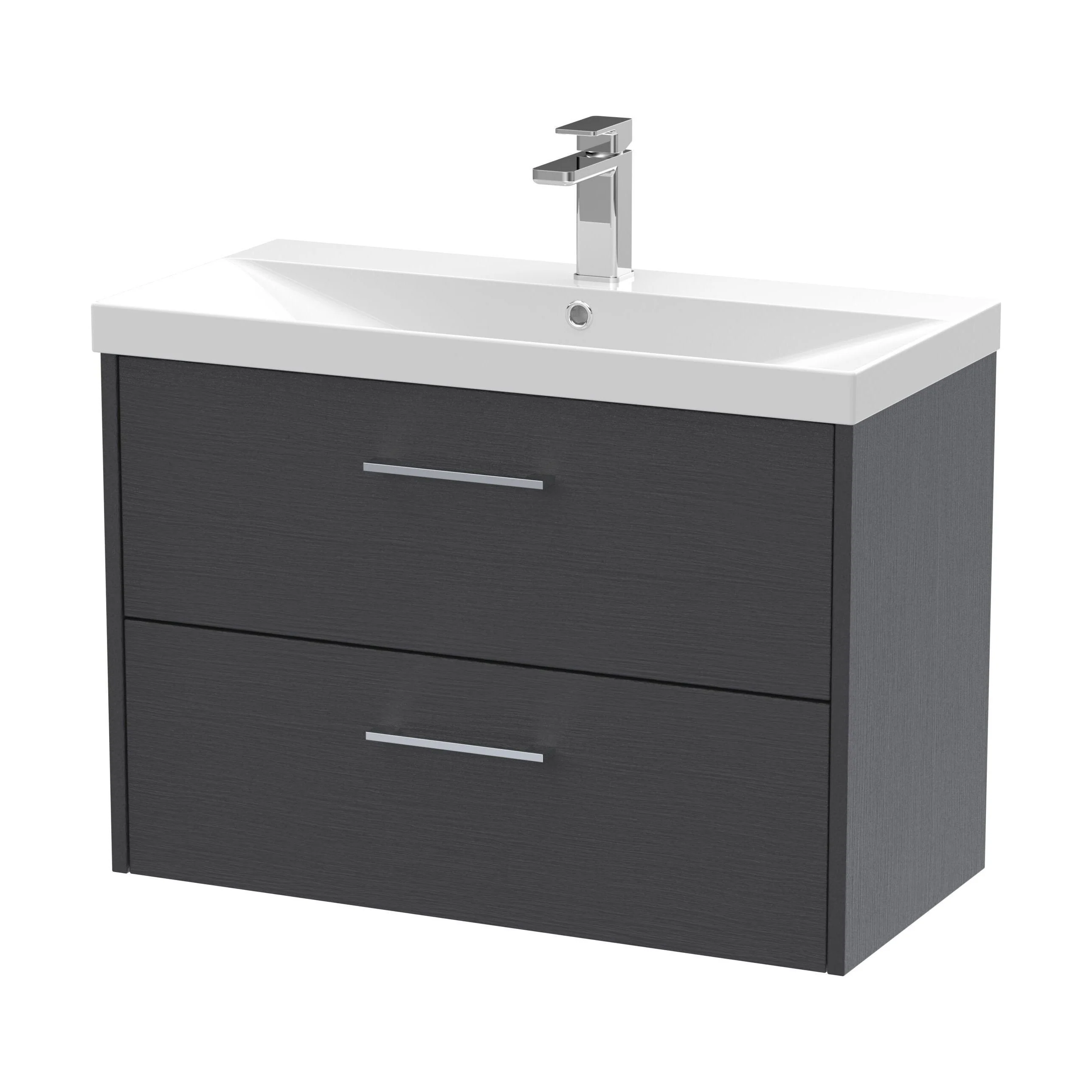 Winshill Contemporary 2 Drawer Wall Hung Vanity Unit with Thin Edge Basin, Woodgrain Dark Grey, 800mm