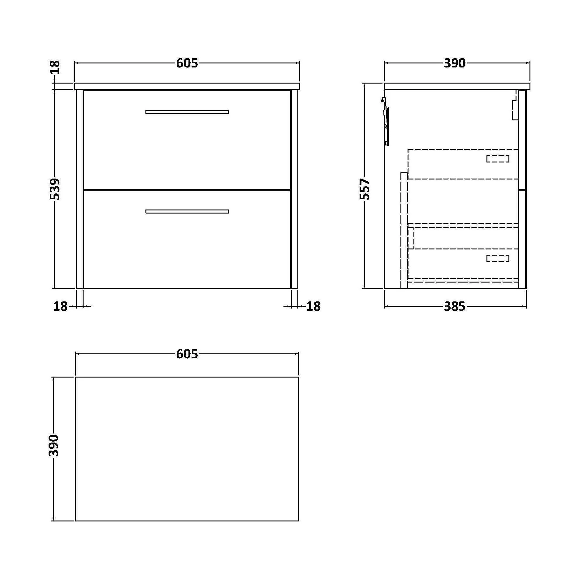 Winshill Contemporary 2 Drawer Wall Hung Vanity Unit with Worktop, Grey, 600mm - Image 2