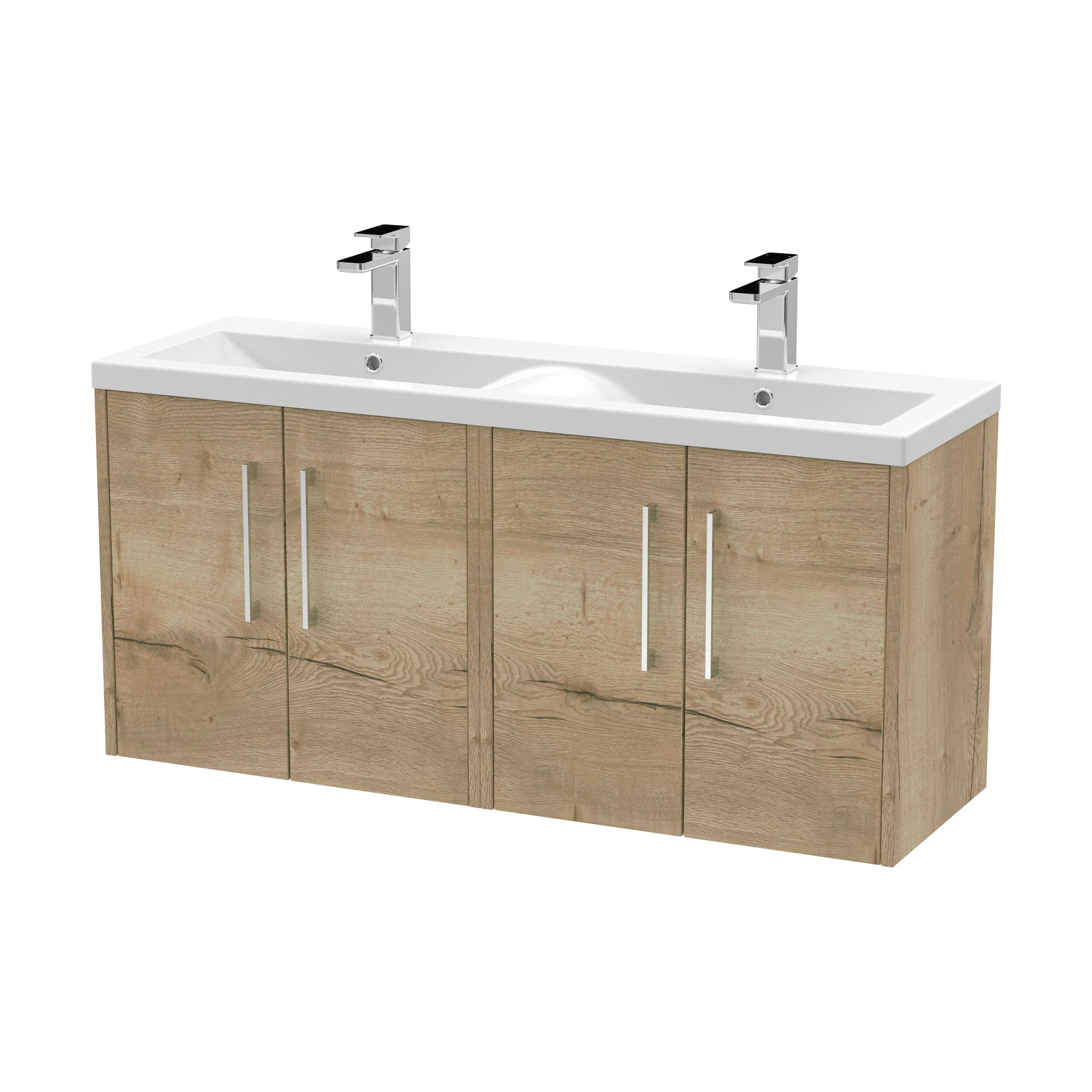 Winshill Contemporary 4 Door Wall Hung Vanity Unit with Double Basin, Light Oak, 1200mm