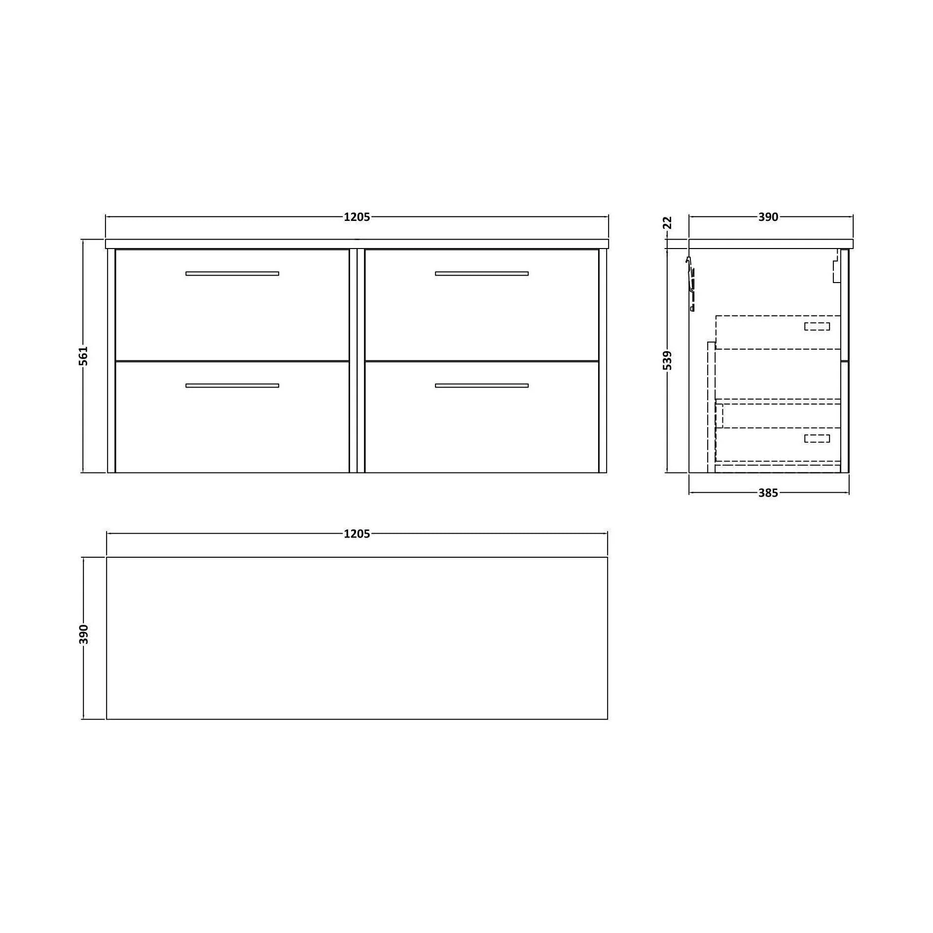 Winshill Contemporary 4 Drawer Wall Hung Vanity Unit with Laminate Worktop, Grey, 1200mm - Image 2